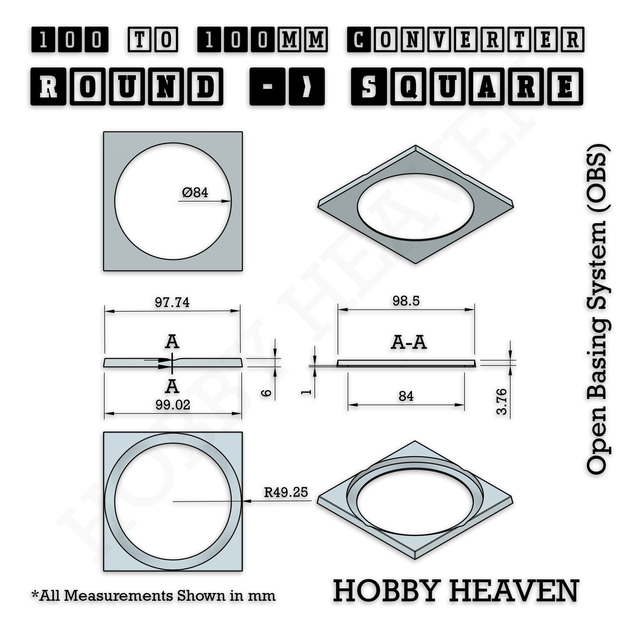 Base 100mm To 100mm Square Converter x1pcs Round to Square Bases Shape and Size Converters 3d Print Full Range