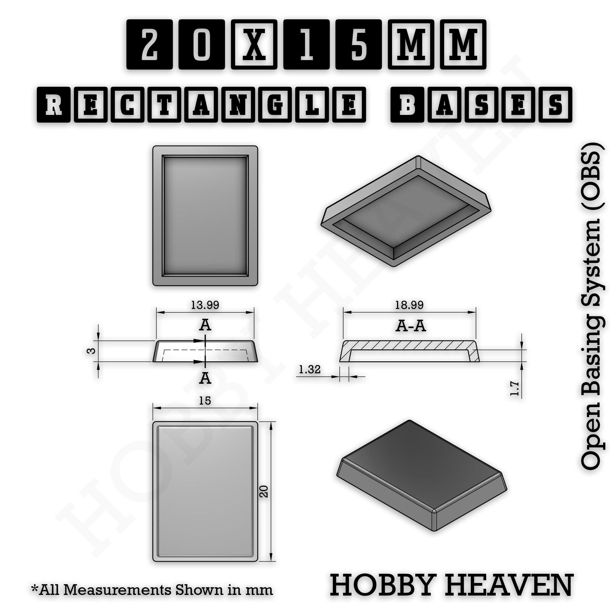 Base Rectangle Bases Range Sizes - 20x15mm to 75x25mm Small Sizes 3d Print Full Range Tabletop Games