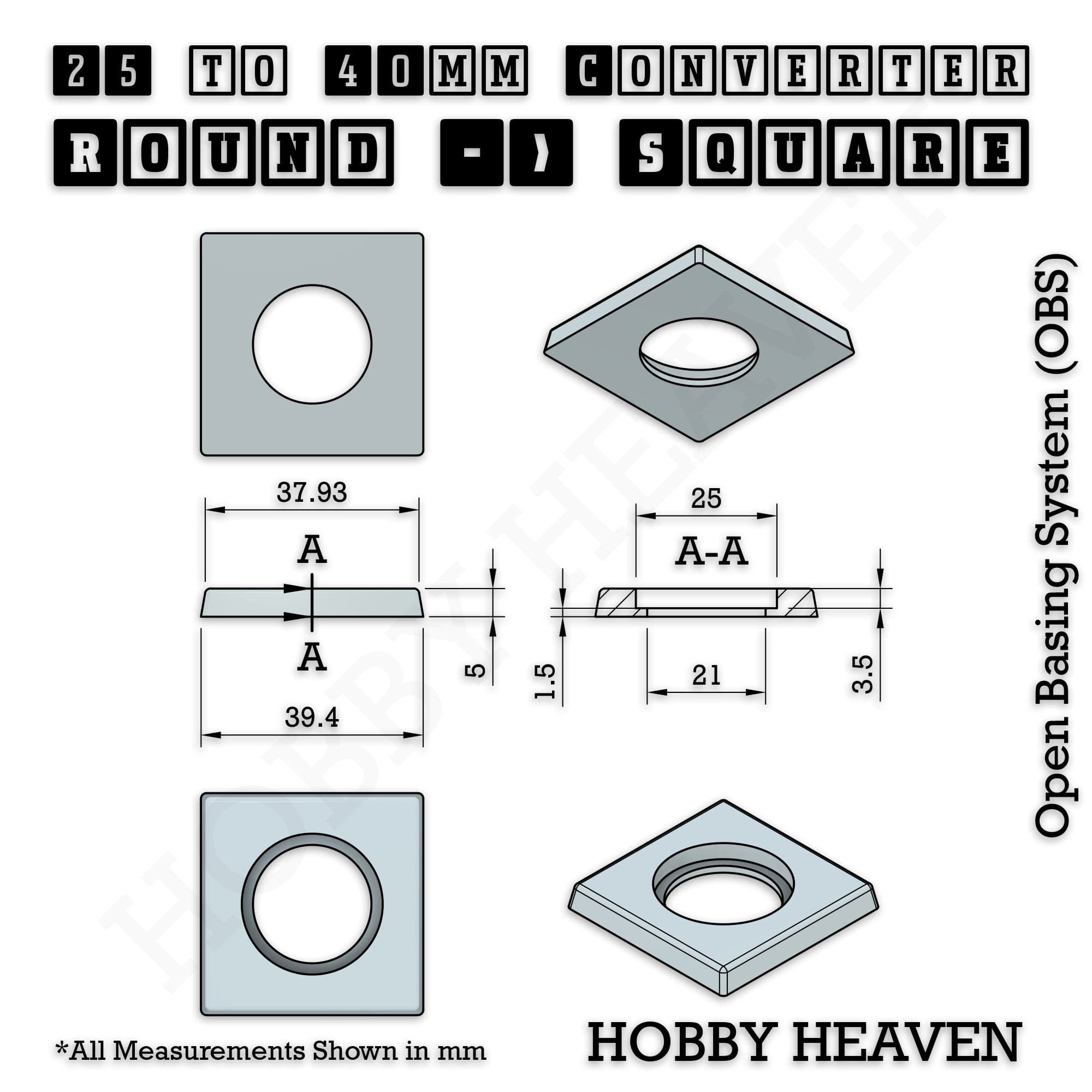 Base 25mm To 40mm Square Converter x1pc Round to Square Bases Shape and Size Converters 3d Print Full Range