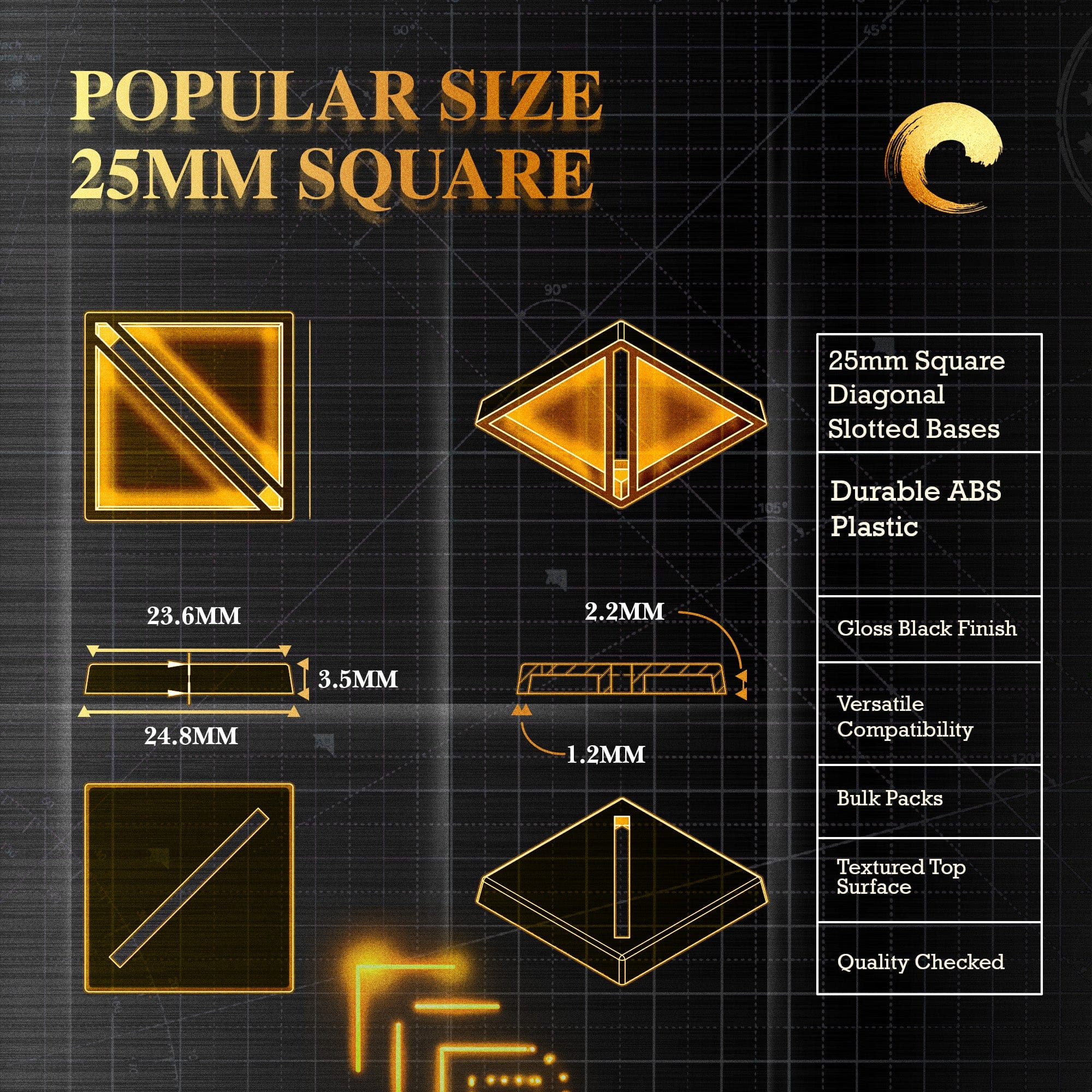 Base 25mm Square Diagonal Slotted Plastic Bases