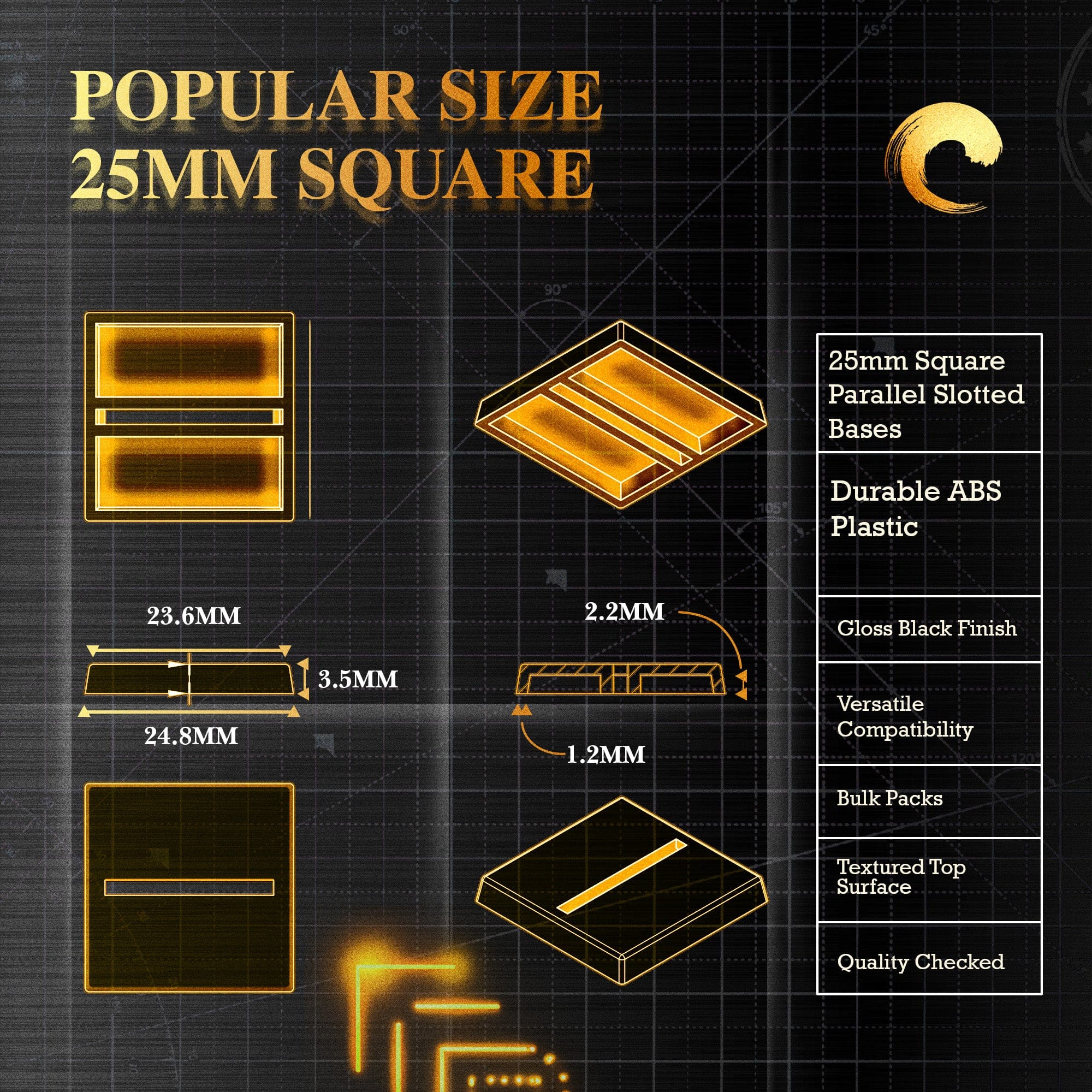 Base 25mm Square Parallel Slotted Plastic Bases
