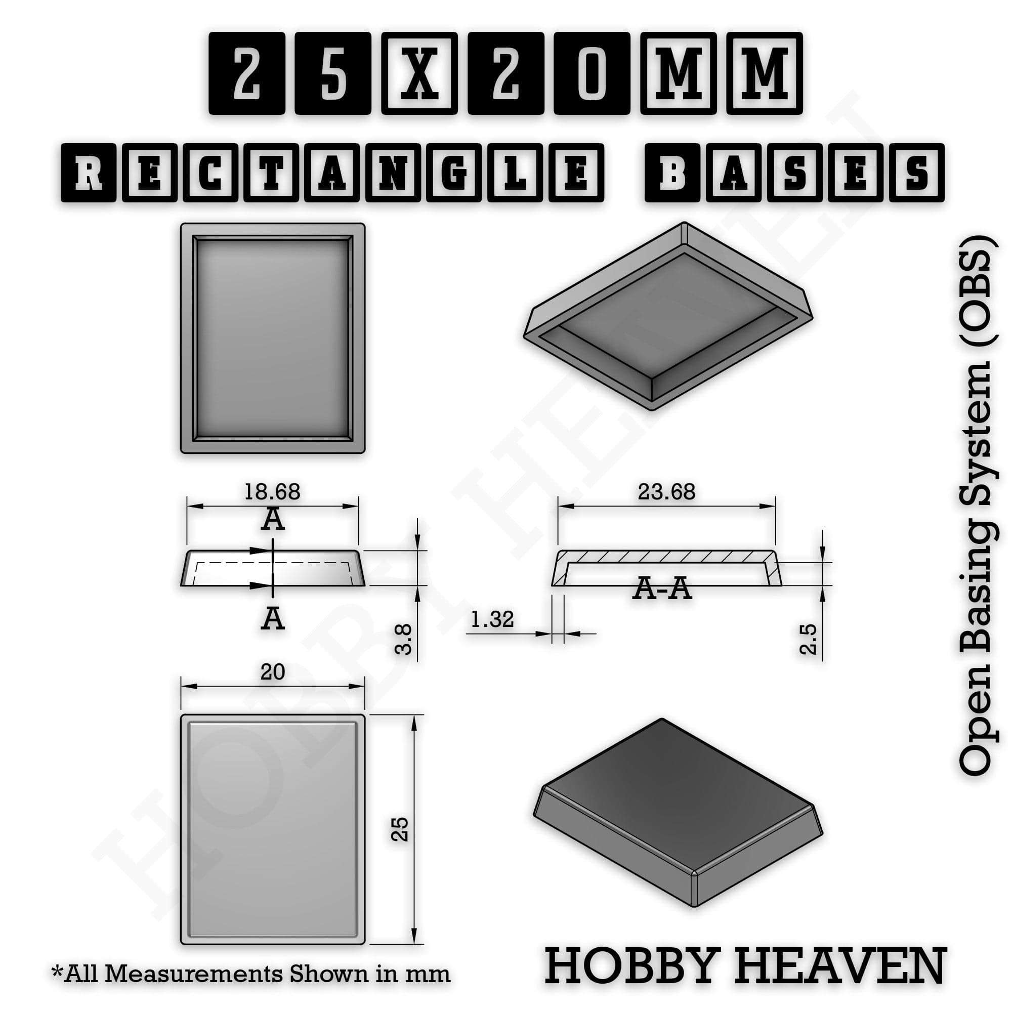 Base Rectangle Bases Range Sizes - 20x15mm to 75x25mm Small Sizes 3d Print Full Range Tabletop Games