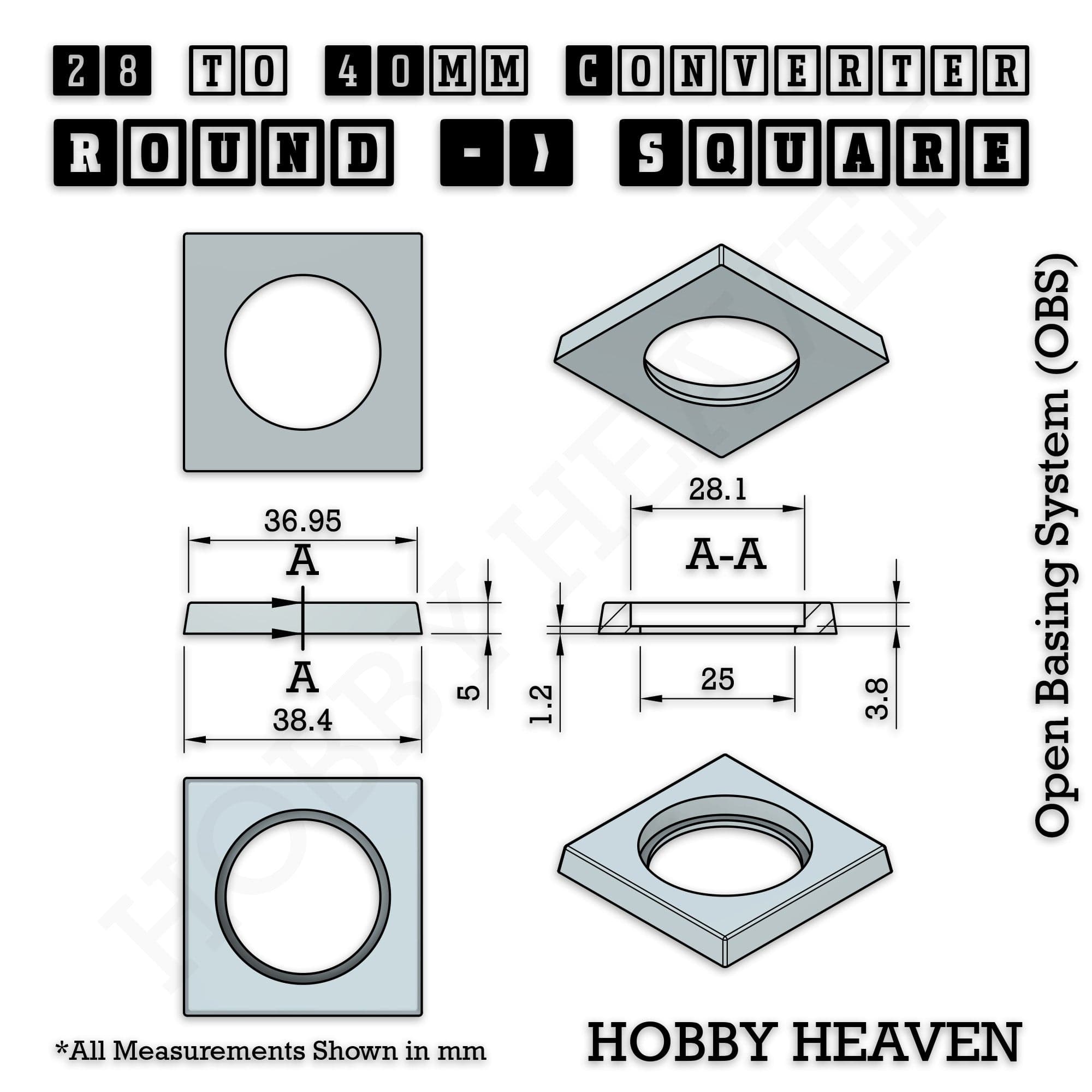 Base 28mm To 40mm Square Converter x1pcs Round to Square Bases Shape and Size Converters 3d Print Full Range