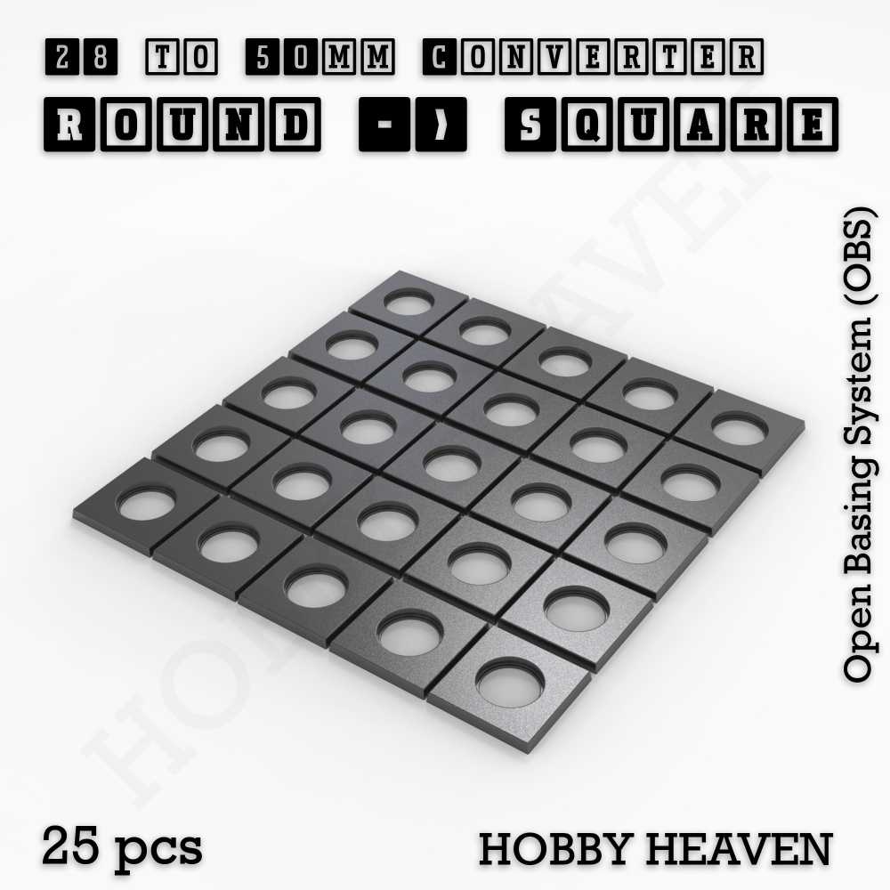 Base 28mm To 50mm Square Converter x25pcs Round to Square Bases Shape and Size Converters 3d Print Full Range