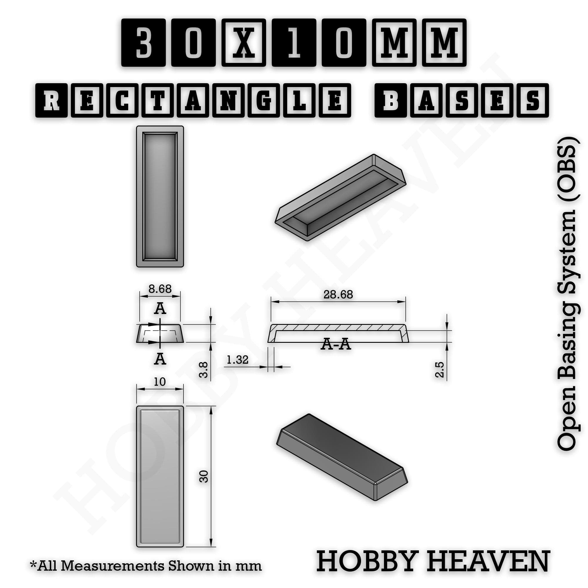 Base Rectangle Bases Range Sizes - 20x15mm to 75x25mm Small Sizes 3d Print Full Range Tabletop Games
