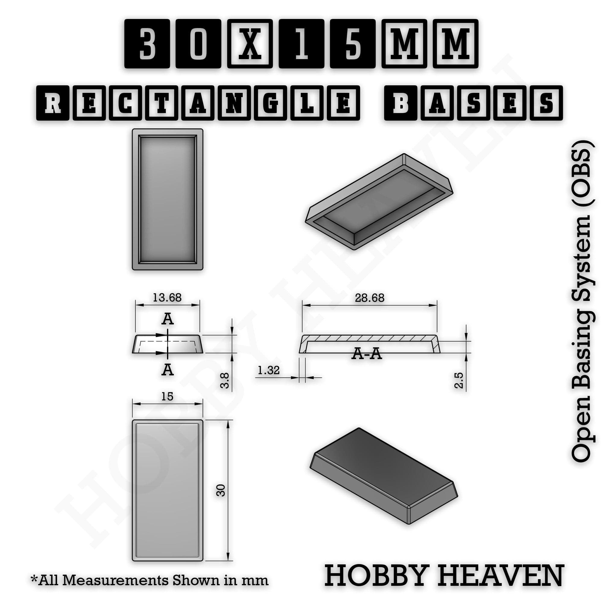 Base Rectangle Bases Range Sizes - 20x15mm to 75x25mm Small Sizes 3d Print Full Range Tabletop Games