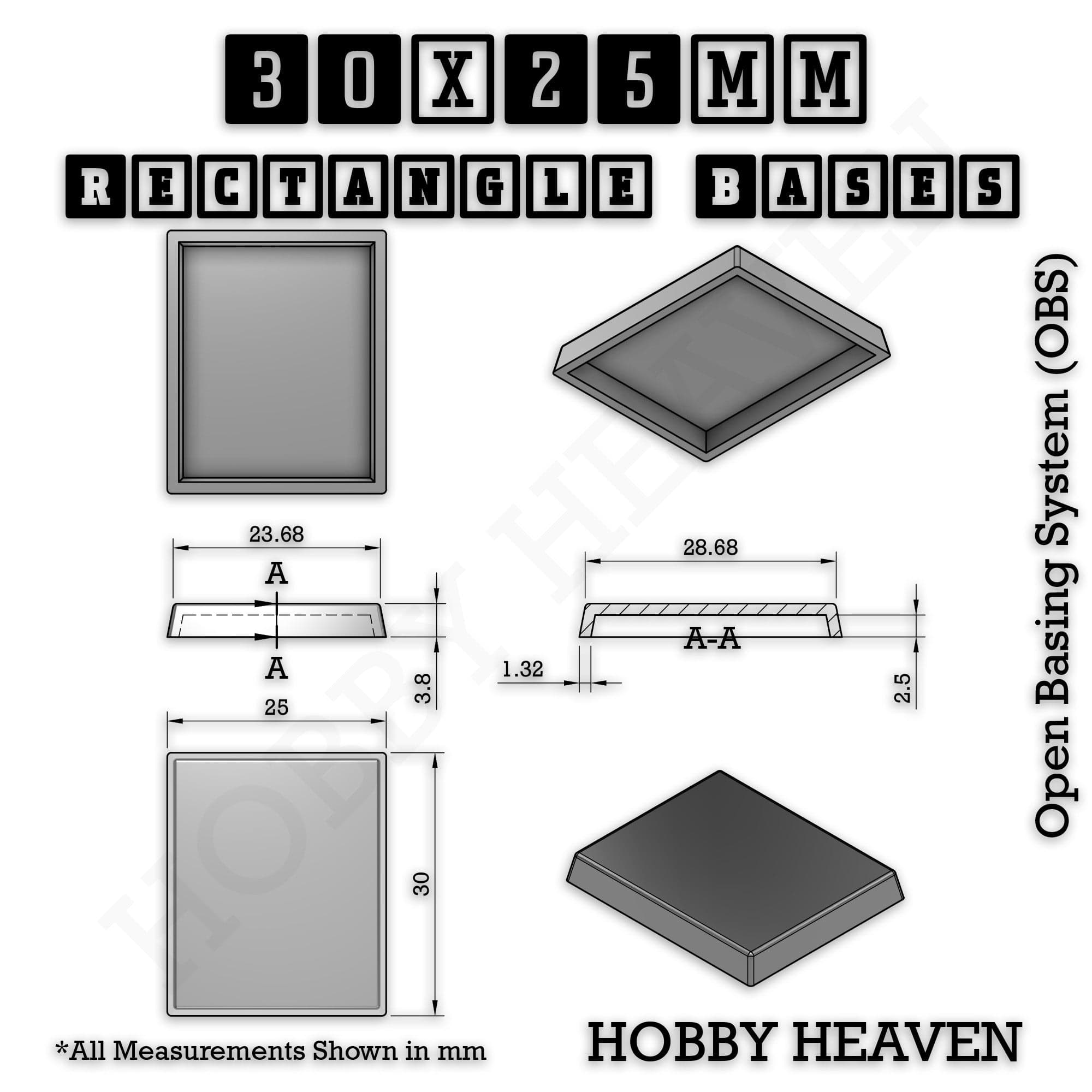 Base Rectangle Bases Range Sizes - 20x15mm to 75x25mm Small Sizes 3d Print Full Range Tabletop Games