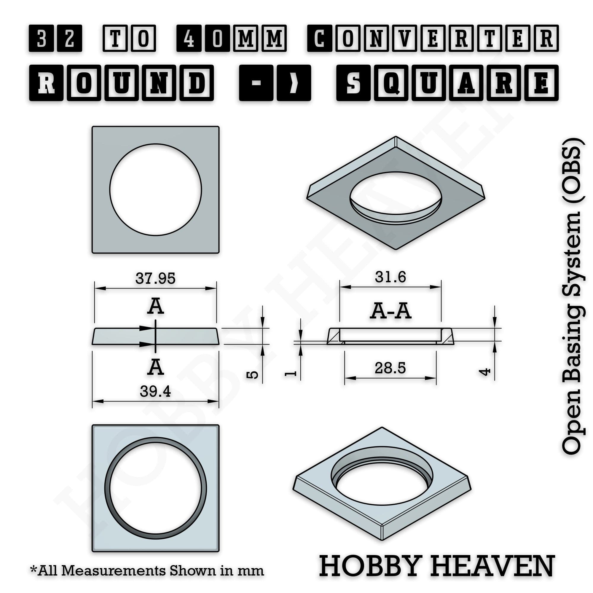 Base 32mm To 40mm Square Converter x1pcs Round to Square Bases Shape and Size Converters 3d Print Full Range