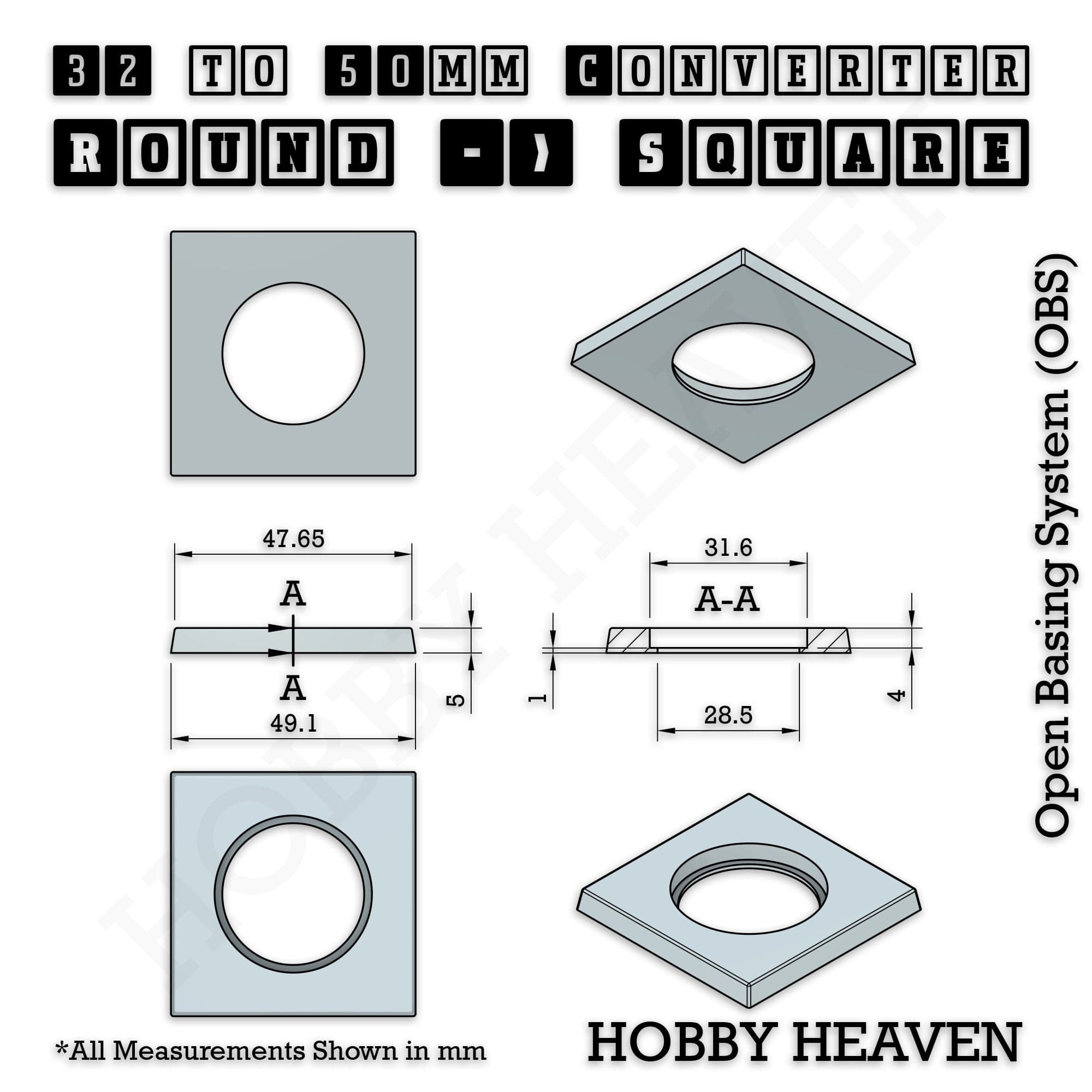 Base 32mm To 50mm Square Converter x1pcs Round to Square Bases Shape and Size Converters 3d Print Full Range