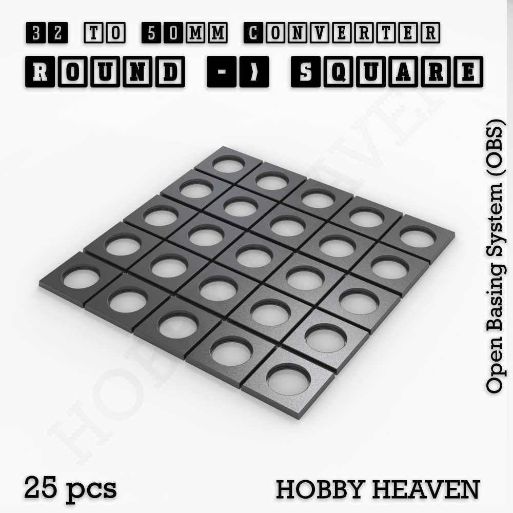 Base 32mm To 50mm Square Converter x25pcs Round to Square Bases Shape and Size Converters 3d Print Full Range