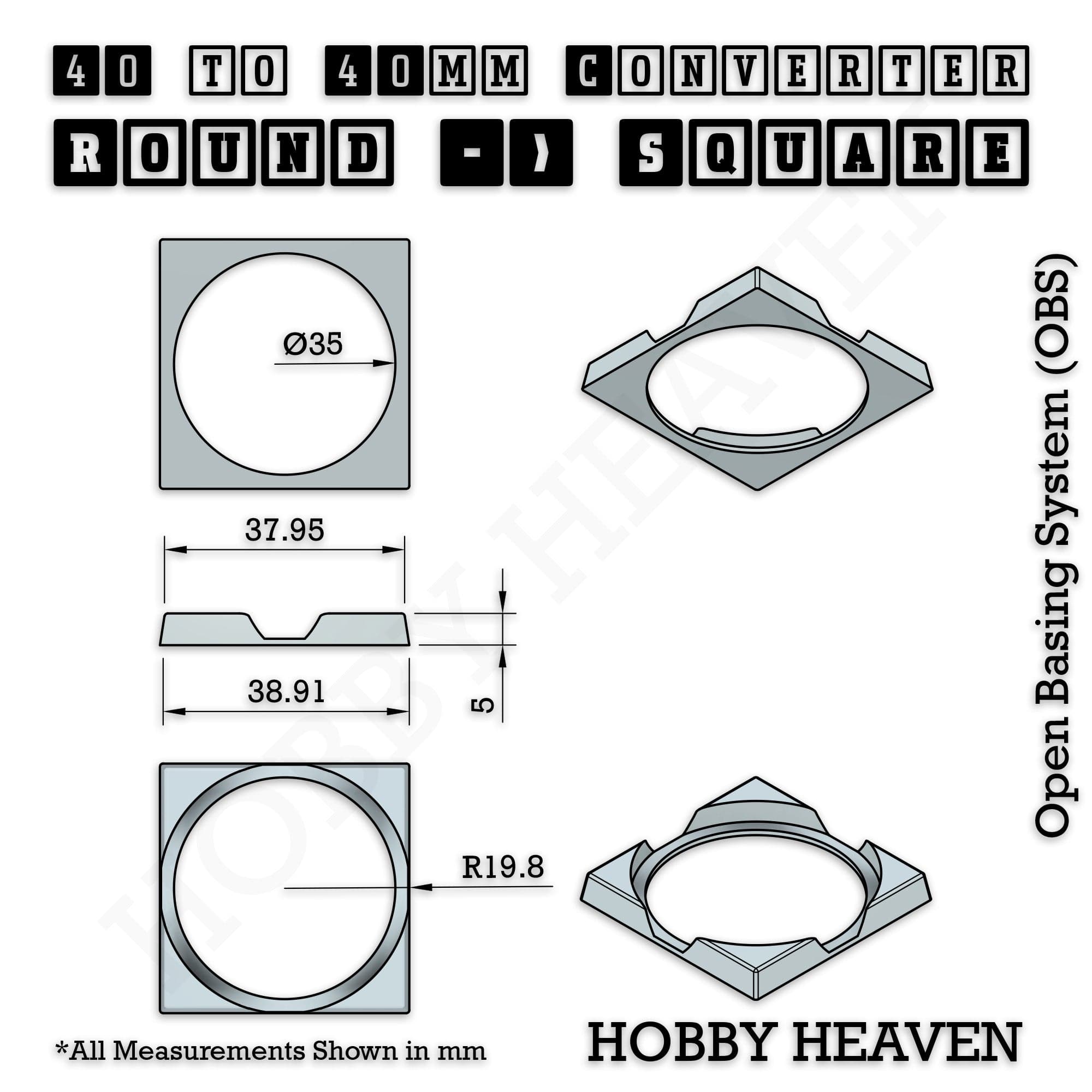 Base 40mm To 40mm Square Converter x1pcs Round to Square Bases Shape and Size Converters 3d Print Full Range
