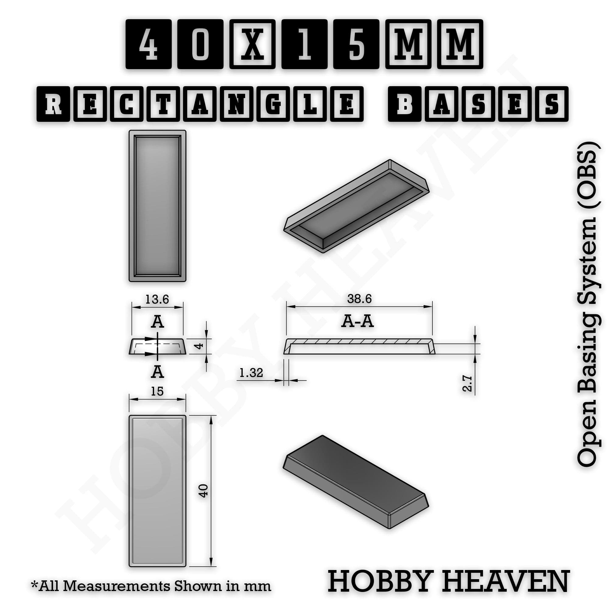 Base Rectangle Bases Range Sizes - 20x15mm to 75x25mm Small Sizes 3d Print Full Range Tabletop Games