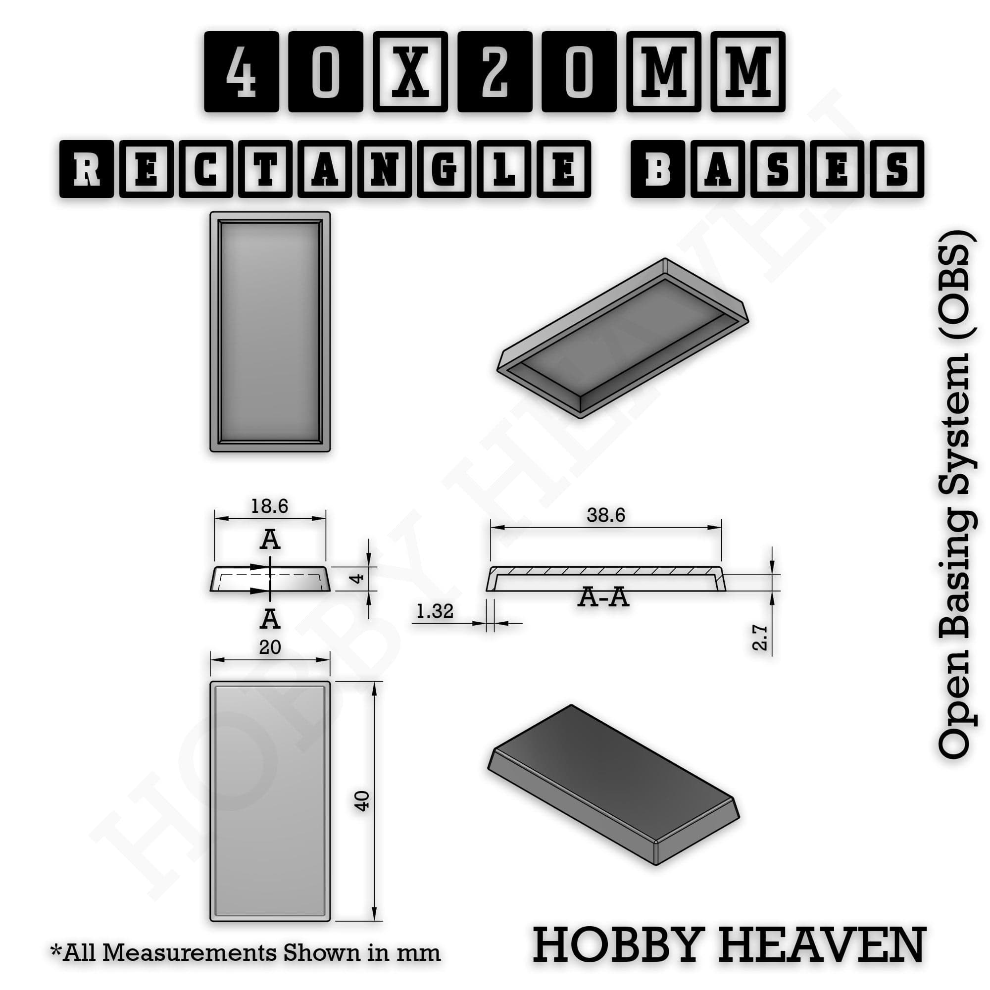 Base Rectangle Bases Range Sizes - 20x15mm to 75x25mm Small Sizes 3d Print Full Range Tabletop Games