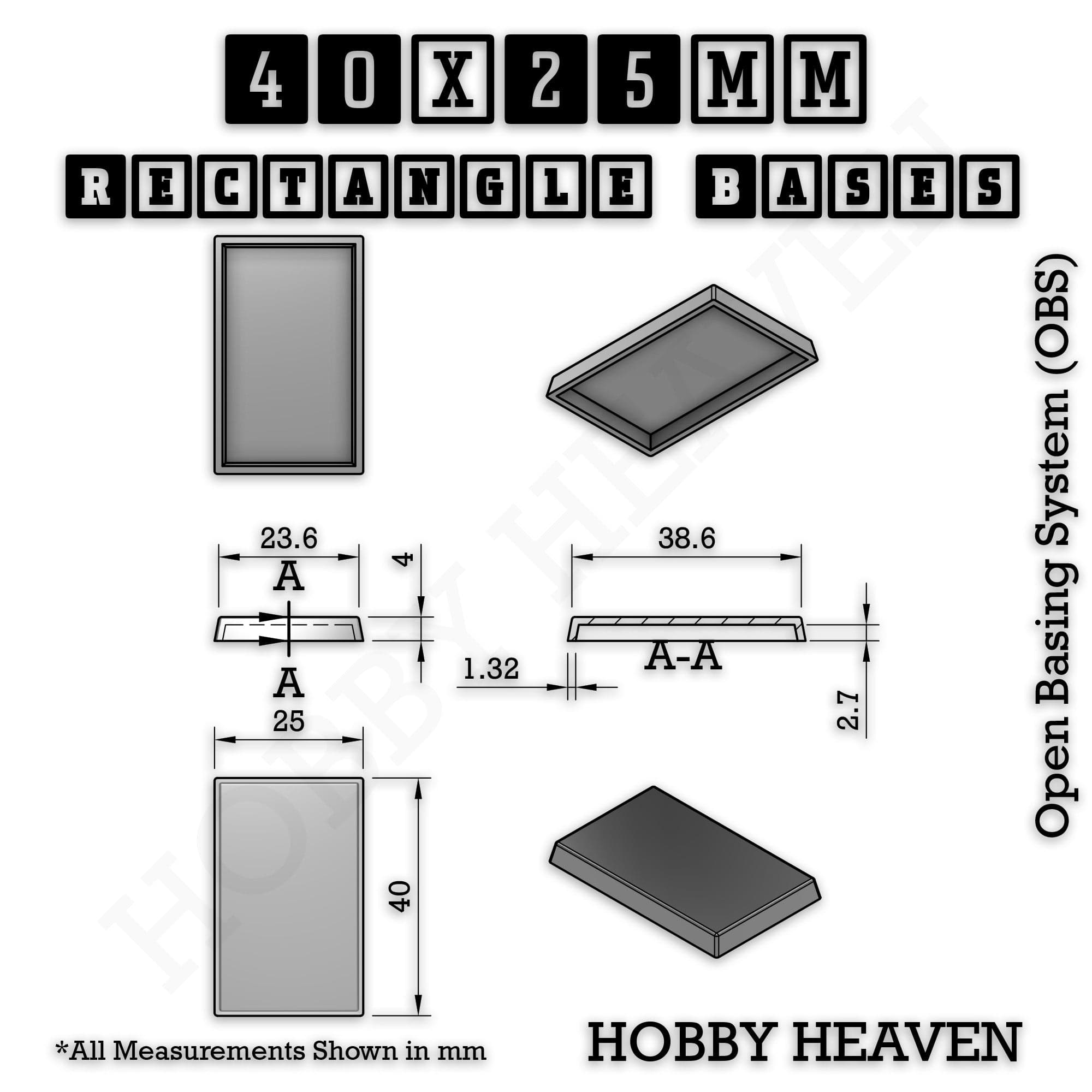 Base Rectangle Bases Range Sizes - 20x15mm to 75x25mm Small Sizes 3d Print Full Range Tabletop Games
