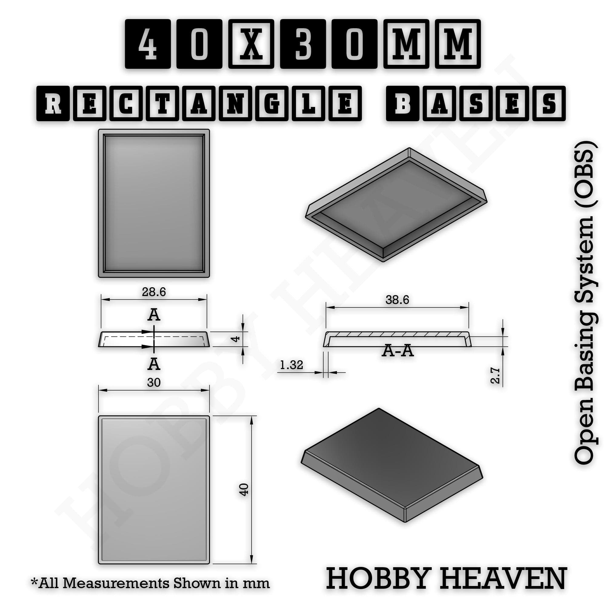 Base Rectangle Bases Range Sizes - 20x15mm to 75x25mm Small Sizes 3d Print Full Range Tabletop Games