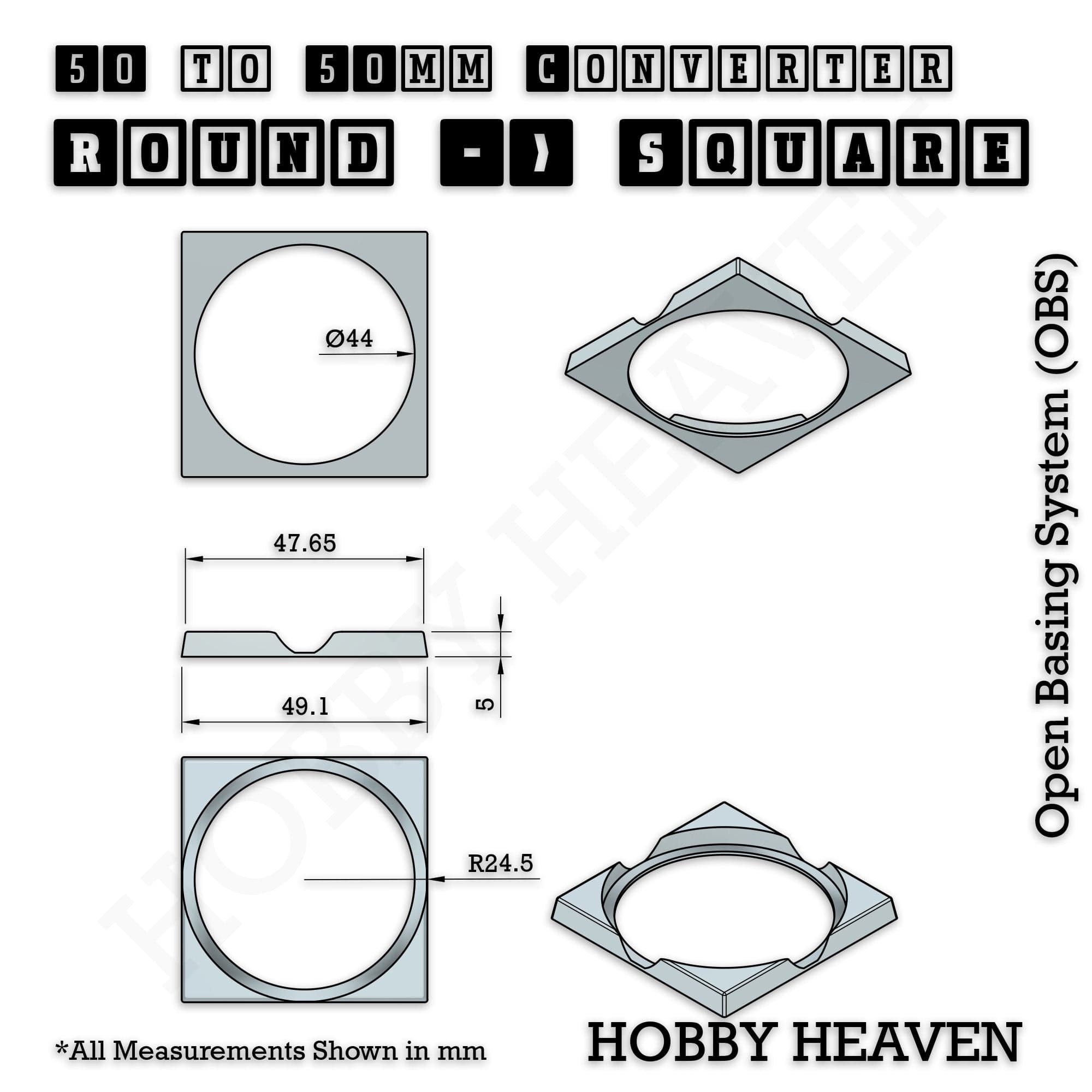 Base 50mm To 50mm Square Converter x1pcs Round to Square Bases Shape and Size Converters 3d Print Full Range