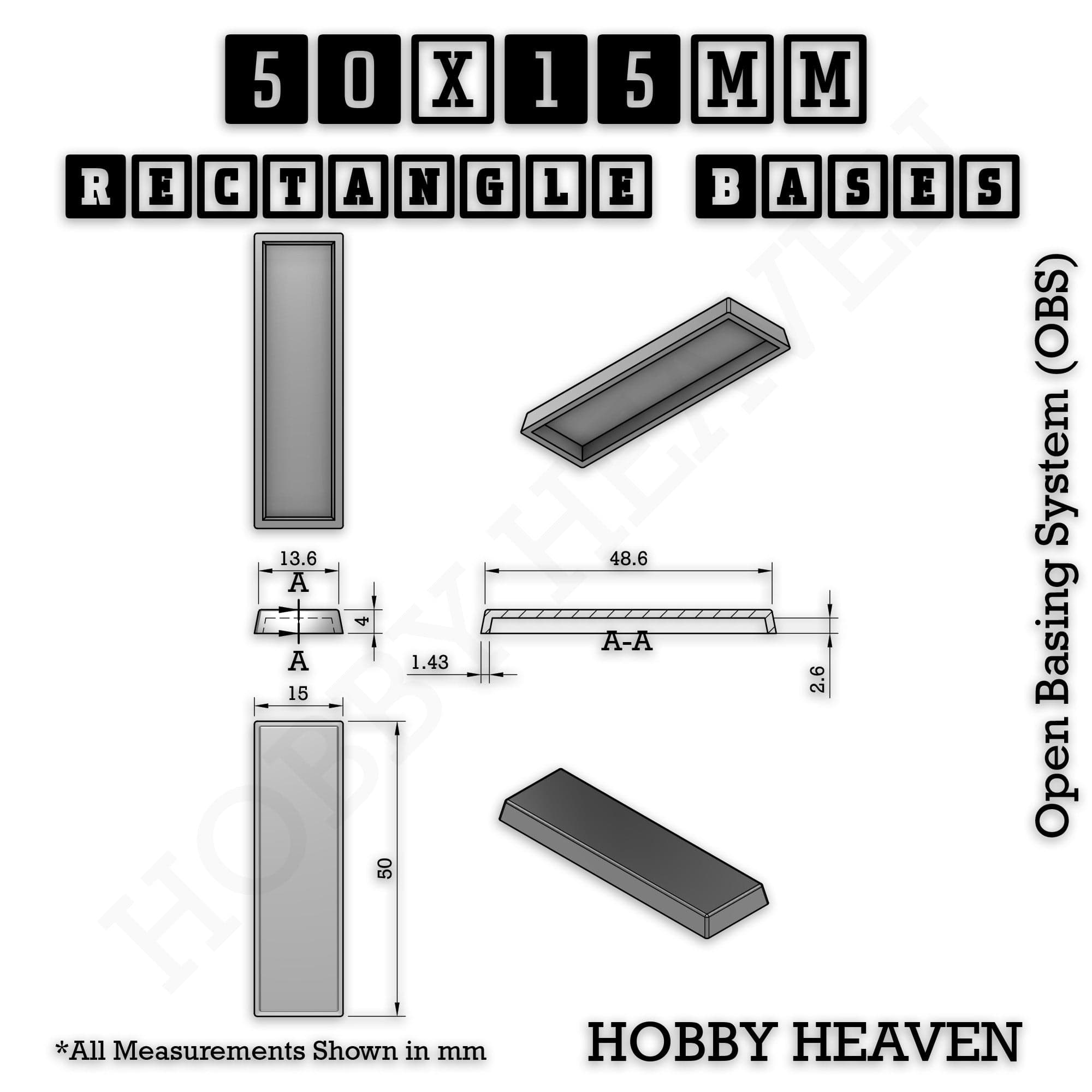 Base Rectangle Bases Range Sizes - 20x15mm to 75x25mm Small Sizes 3d Print Full Range Tabletop Games