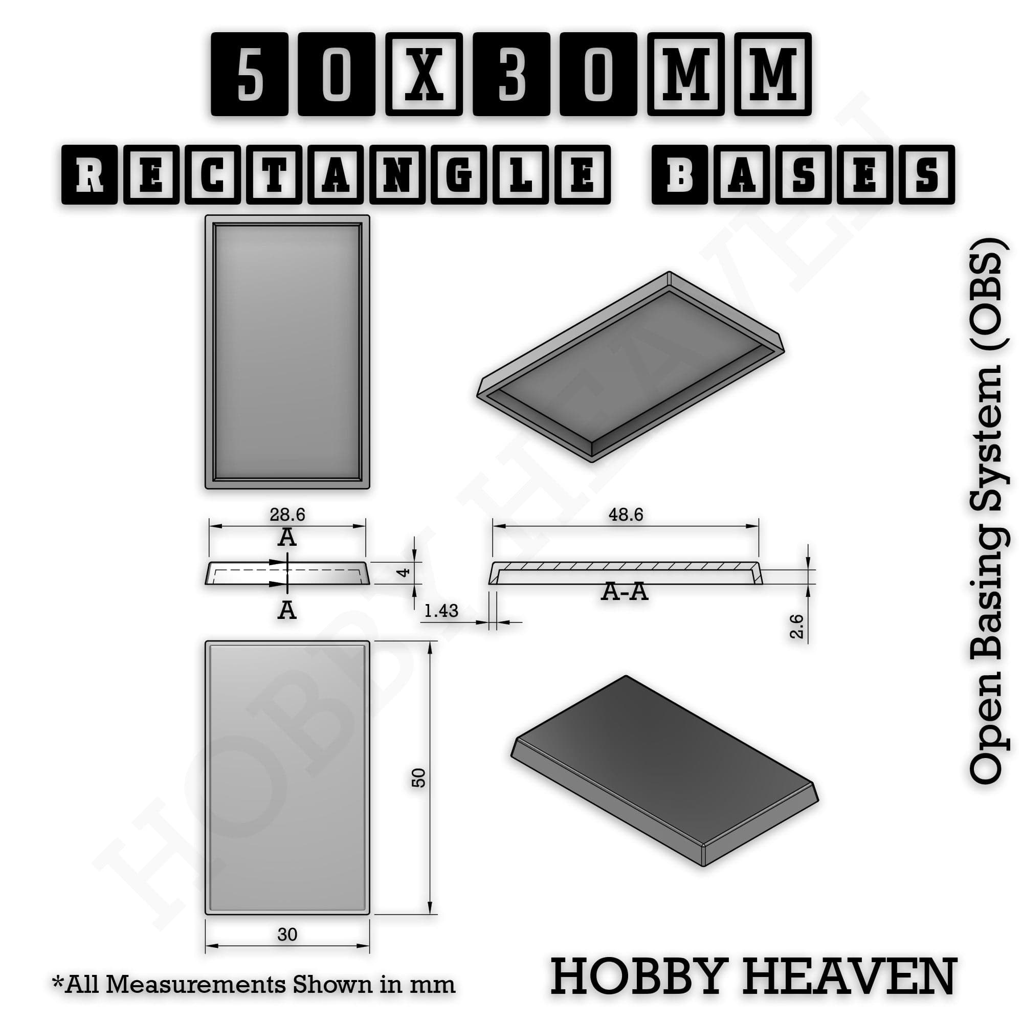 Base Rectangle Bases Range Sizes - 20x15mm to 75x25mm Small Sizes 3d Print Full Range Tabletop Games