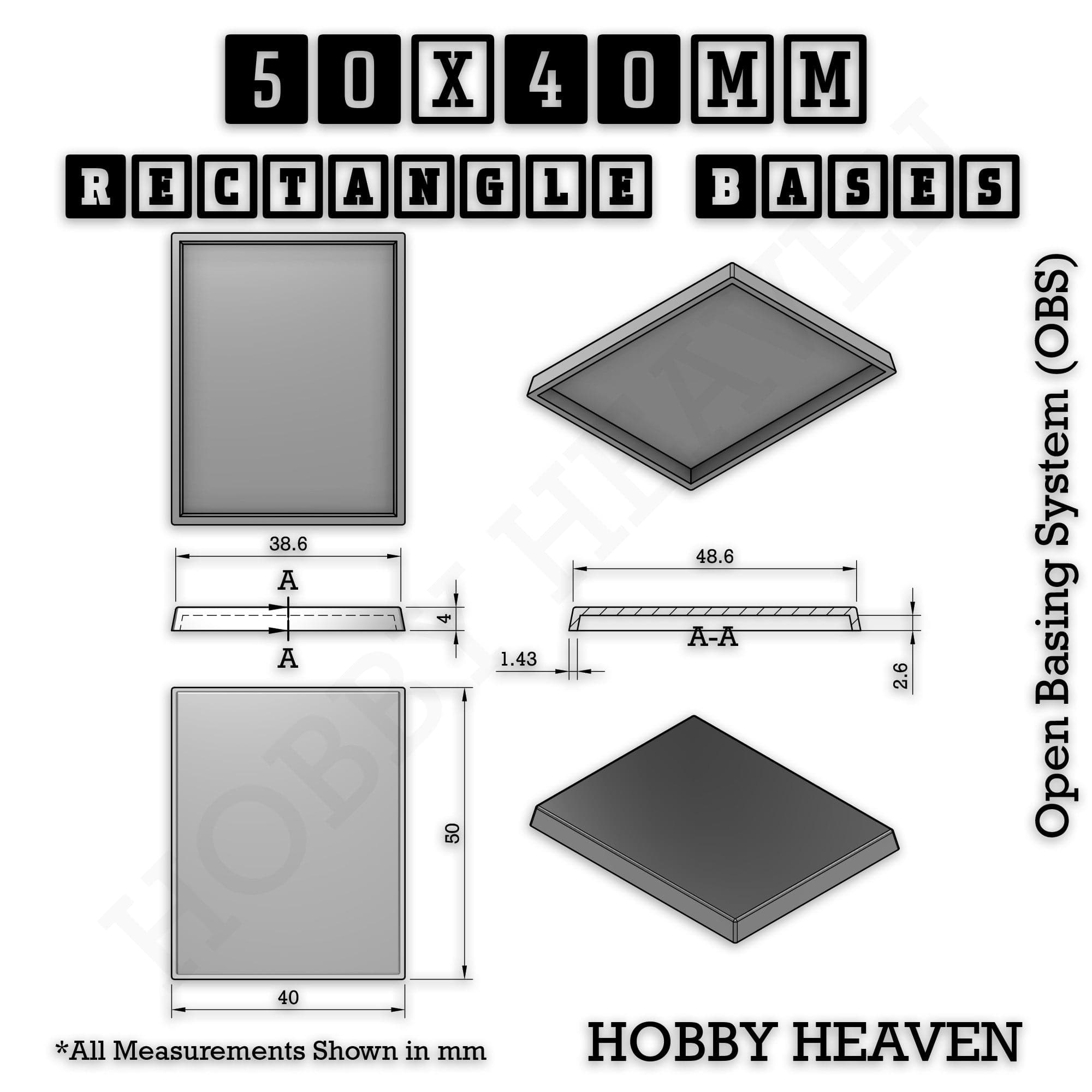 Base Rectangle Bases Range Sizes - 20x15mm to 75x25mm Small Sizes 3d Print Full Range Tabletop Games