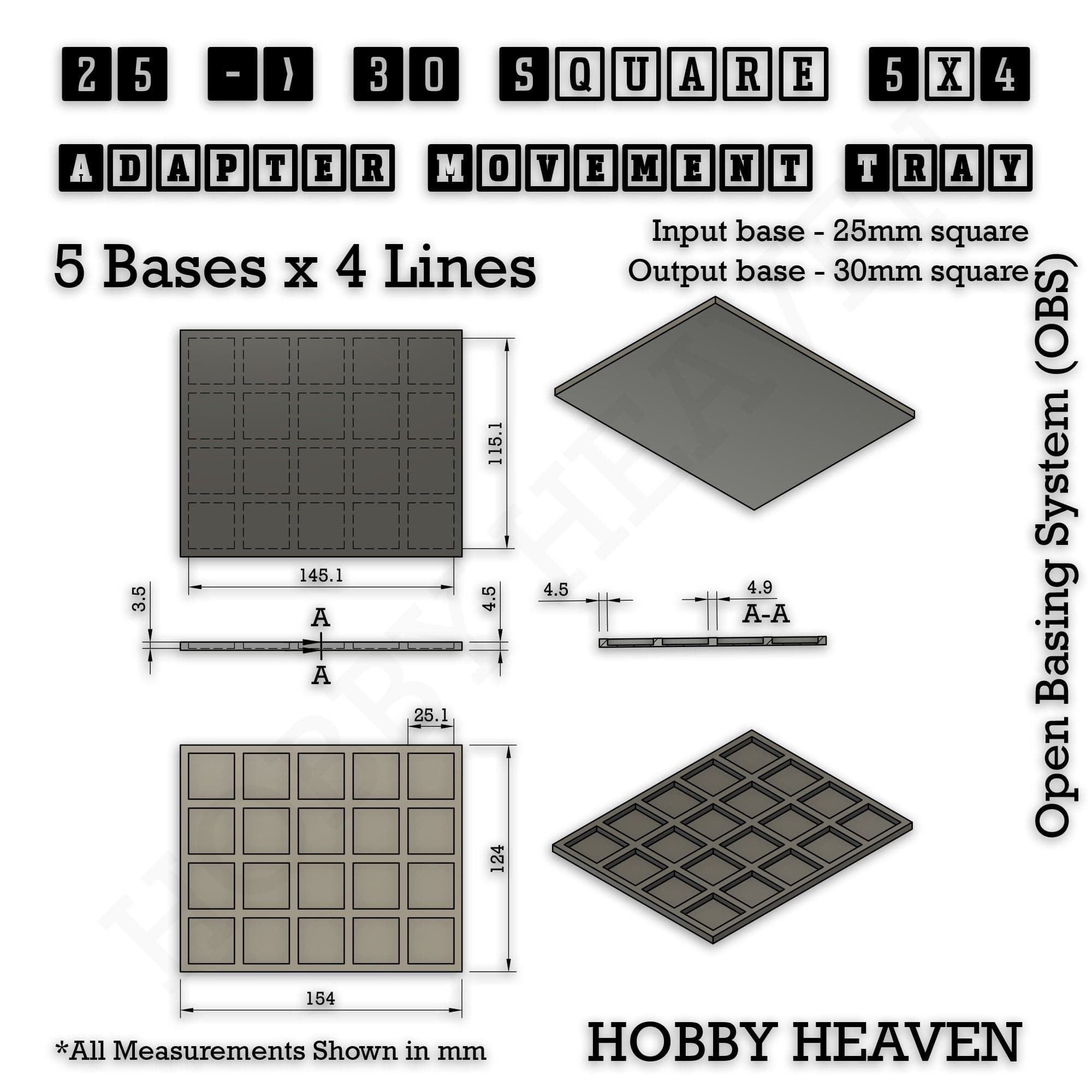 Movement Tray Square and Rectangle Movement Trays Adapters for Tabletop Games
