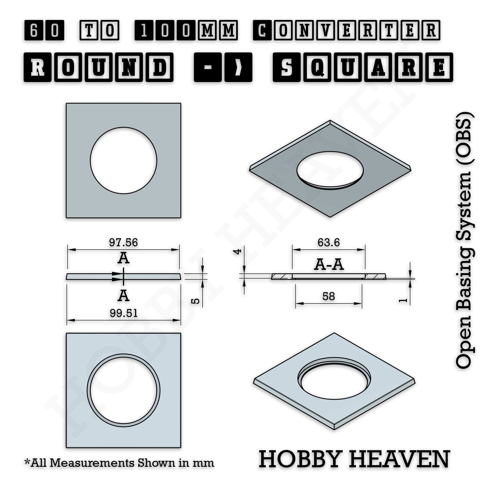 Base 60mm To 100mm Square Converter x1pcs Round to Square Bases Shape and Size Converters 3d Print Full Range