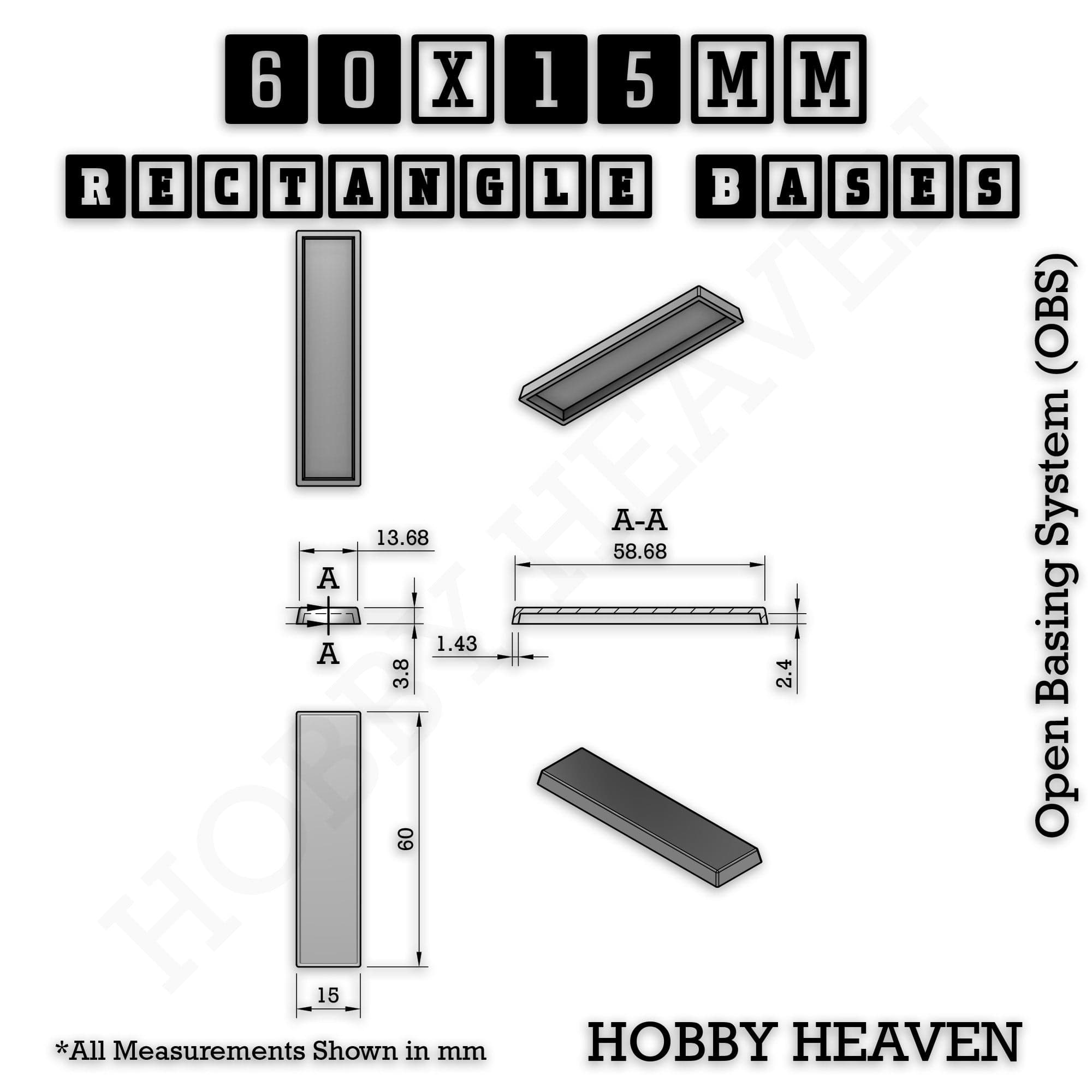 Base Rectangle Bases Range Sizes - 20x15mm to 75x25mm Small Sizes 3d Print Full Range Tabletop Games