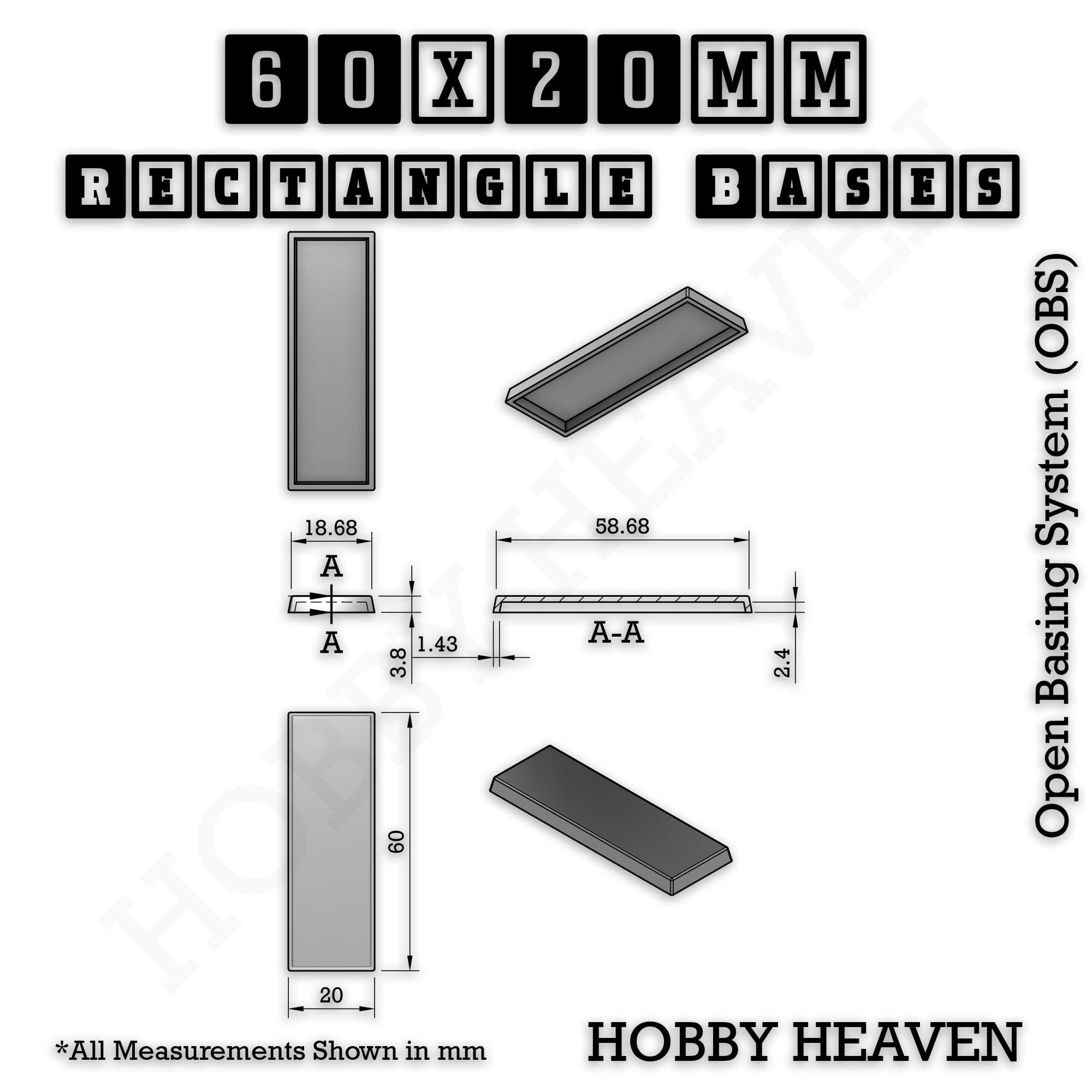 Base Rectangle Bases Range Sizes - 20x15mm to 75x25mm Small Sizes 3d Print Full Range Tabletop Games