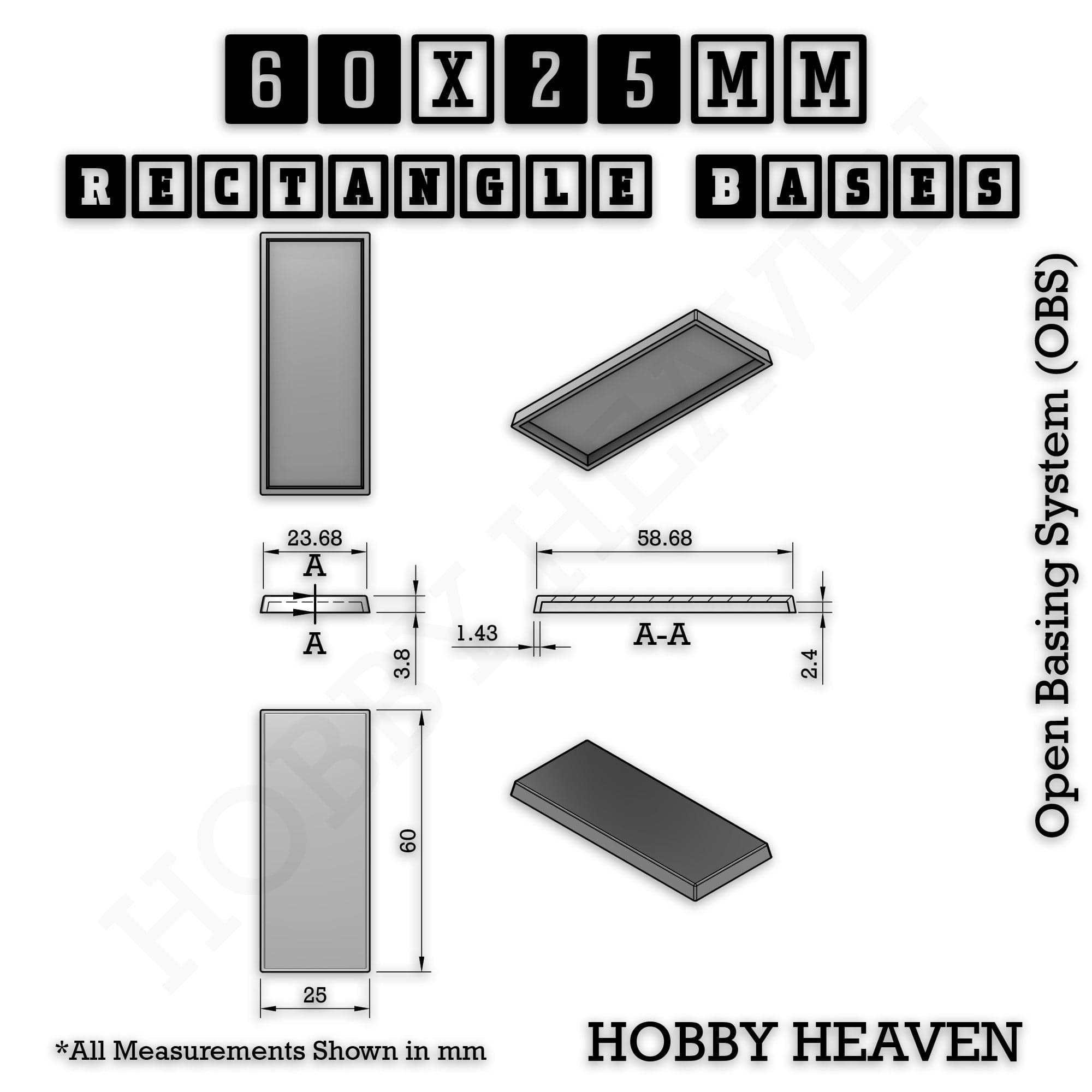 Base Rectangle Bases Range Sizes - 20x15mm to 75x25mm Small Sizes 3d Print Full Range Tabletop Games
