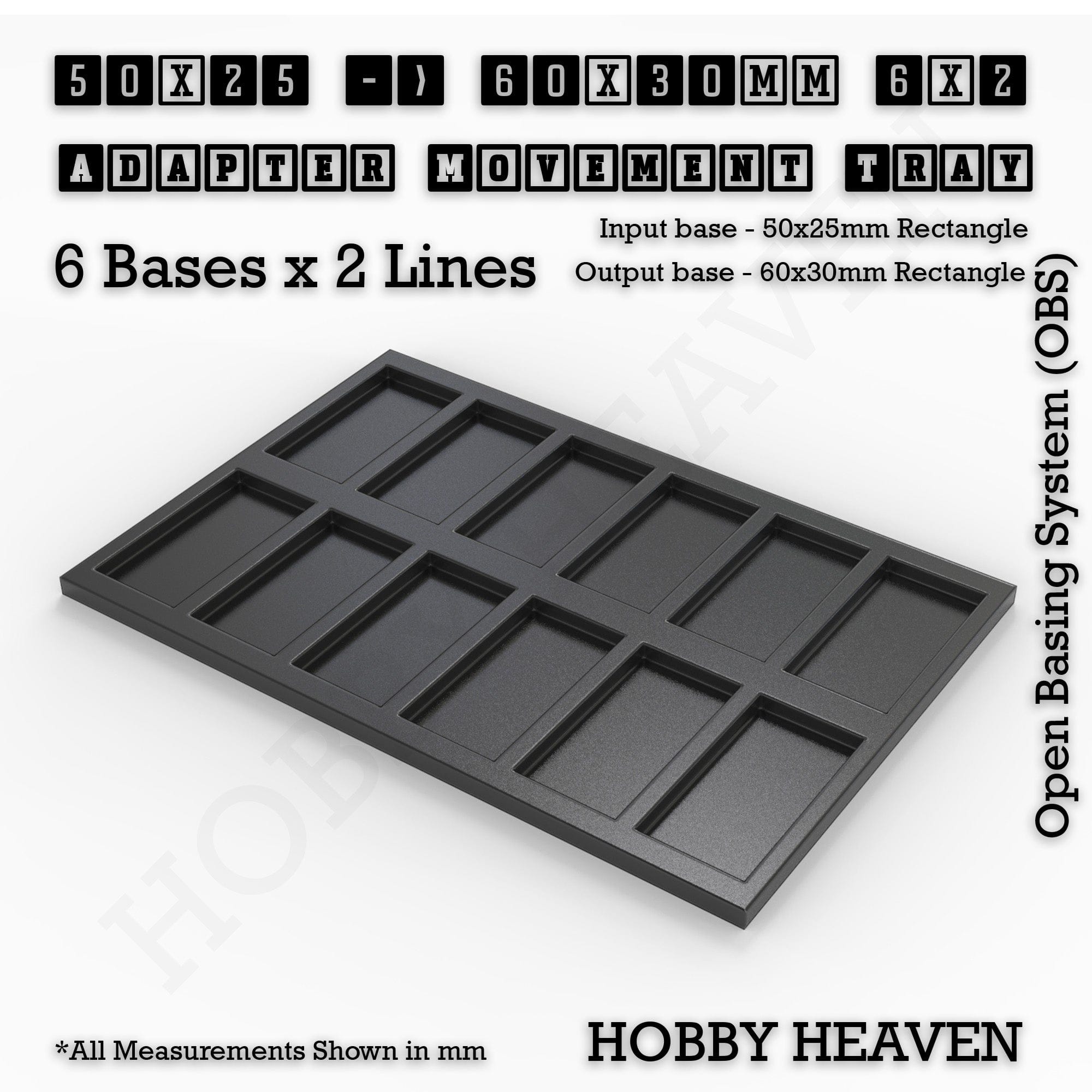 Movement Tray 50x25 to 60x30mm Adapter 6x2 (6 bases x 2 Lines) Square and Rectangle Movement Trays Adapters for Tabletop Games