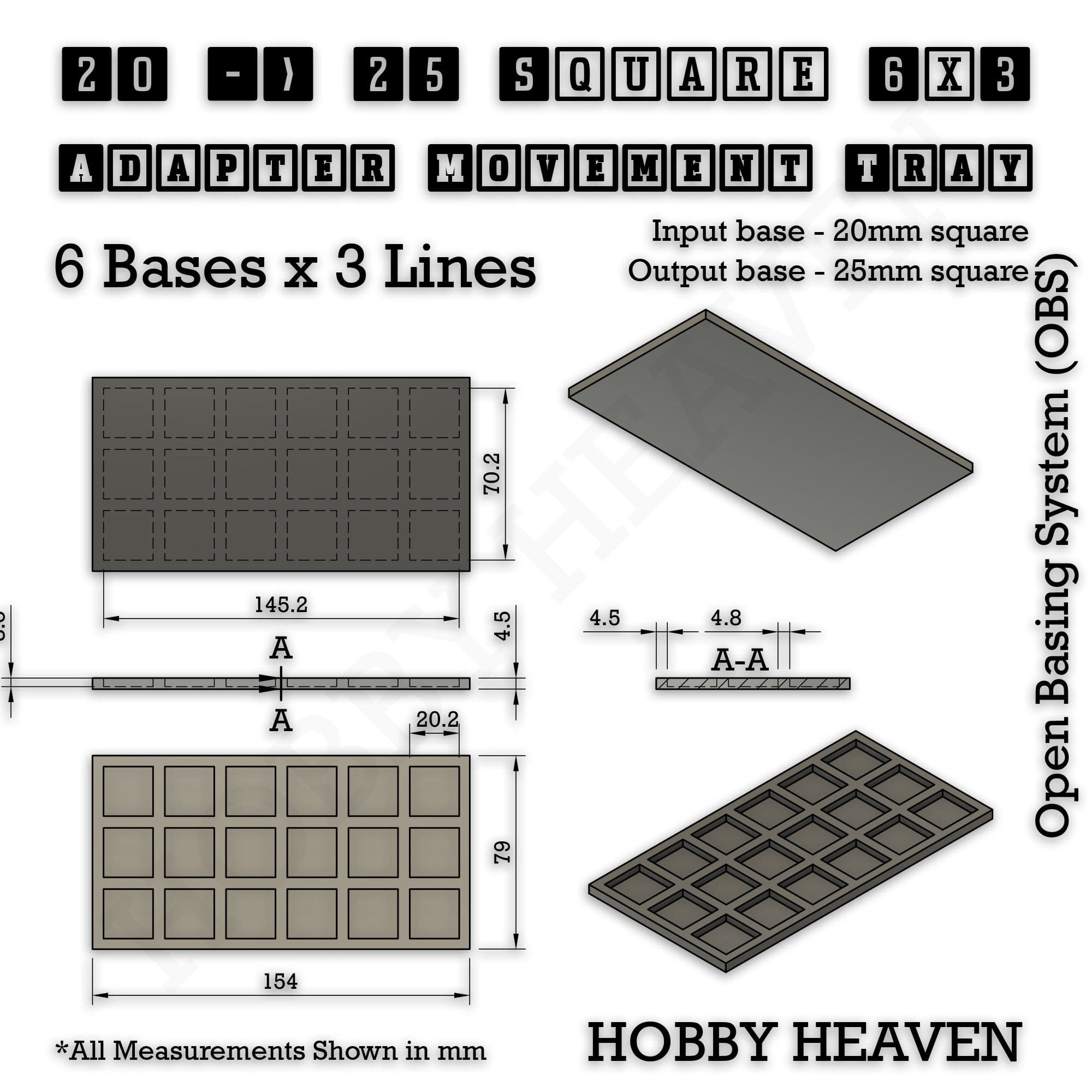 Movement Tray Square and Rectangle Movement Trays Adapters for Tabletop Games