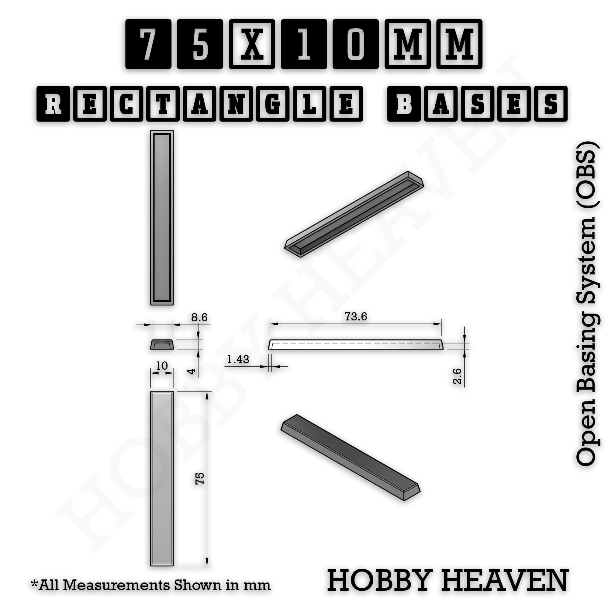 Base Rectangle Bases Range Sizes - 20x15mm to 75x25mm Small Sizes 3d Print Full Range Tabletop Games