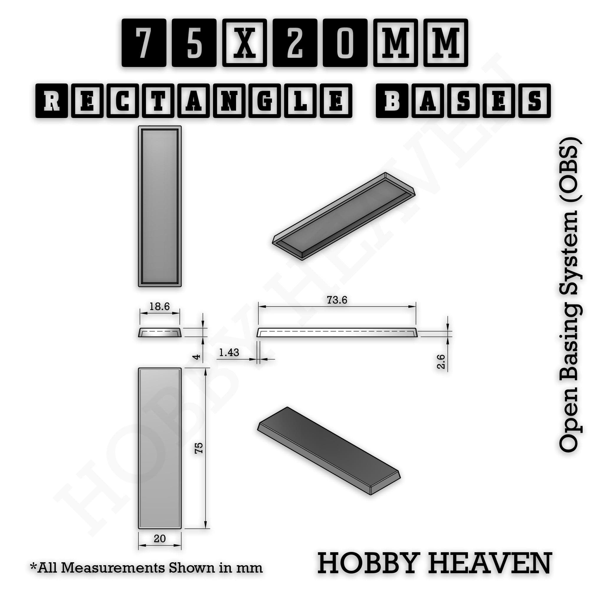 Base Rectangle Bases Range Sizes - 20x15mm to 75x25mm Small Sizes 3d Print Full Range Tabletop Games