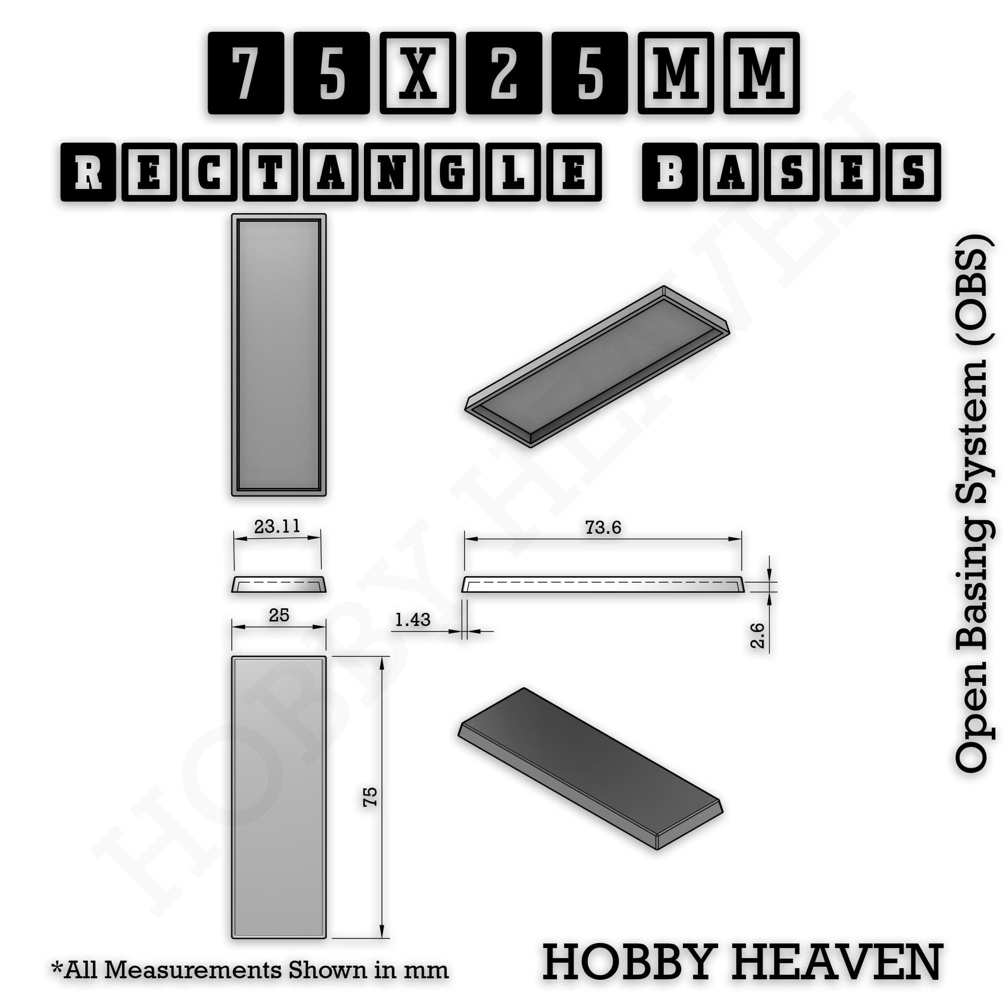 Base Rectangle Bases Range Sizes - 20x15mm to 75x25mm Small Sizes 3d Print Full Range Tabletop Games