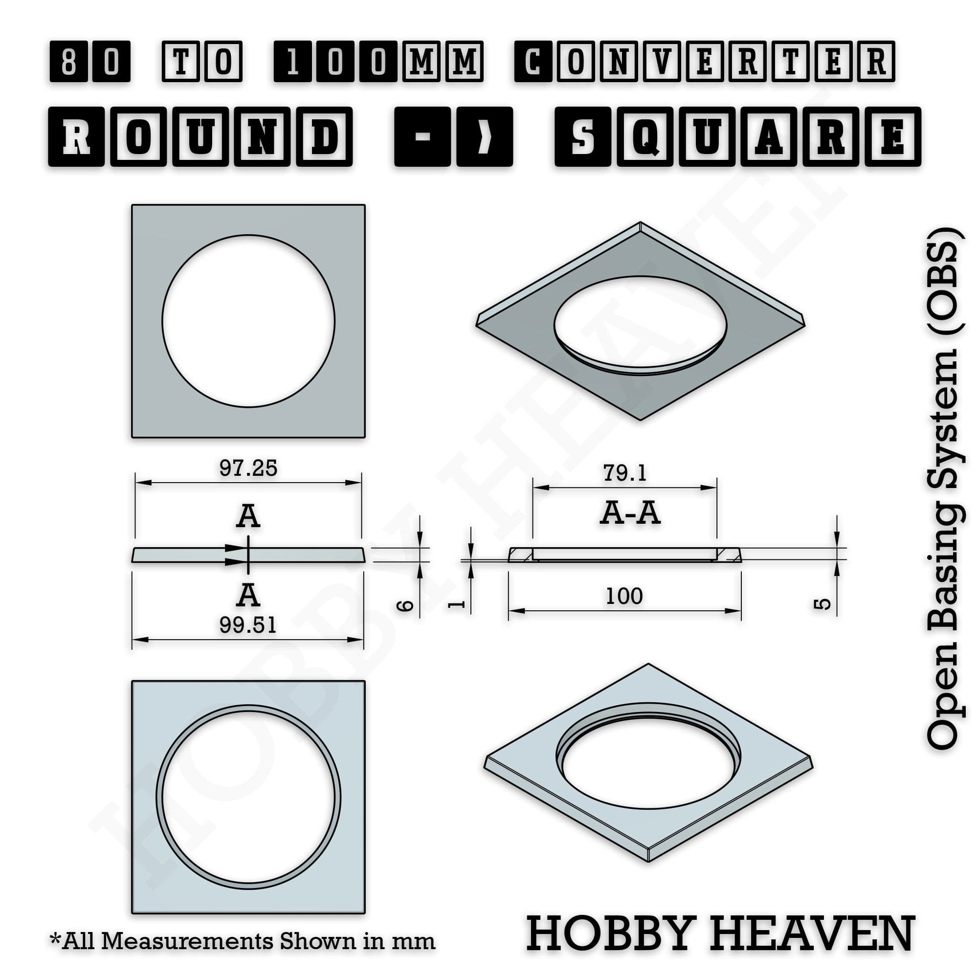 Base 80mm To 100mm Square Converter x1pcs Round to Square Bases Shape and Size Converters 3d Print Full Range