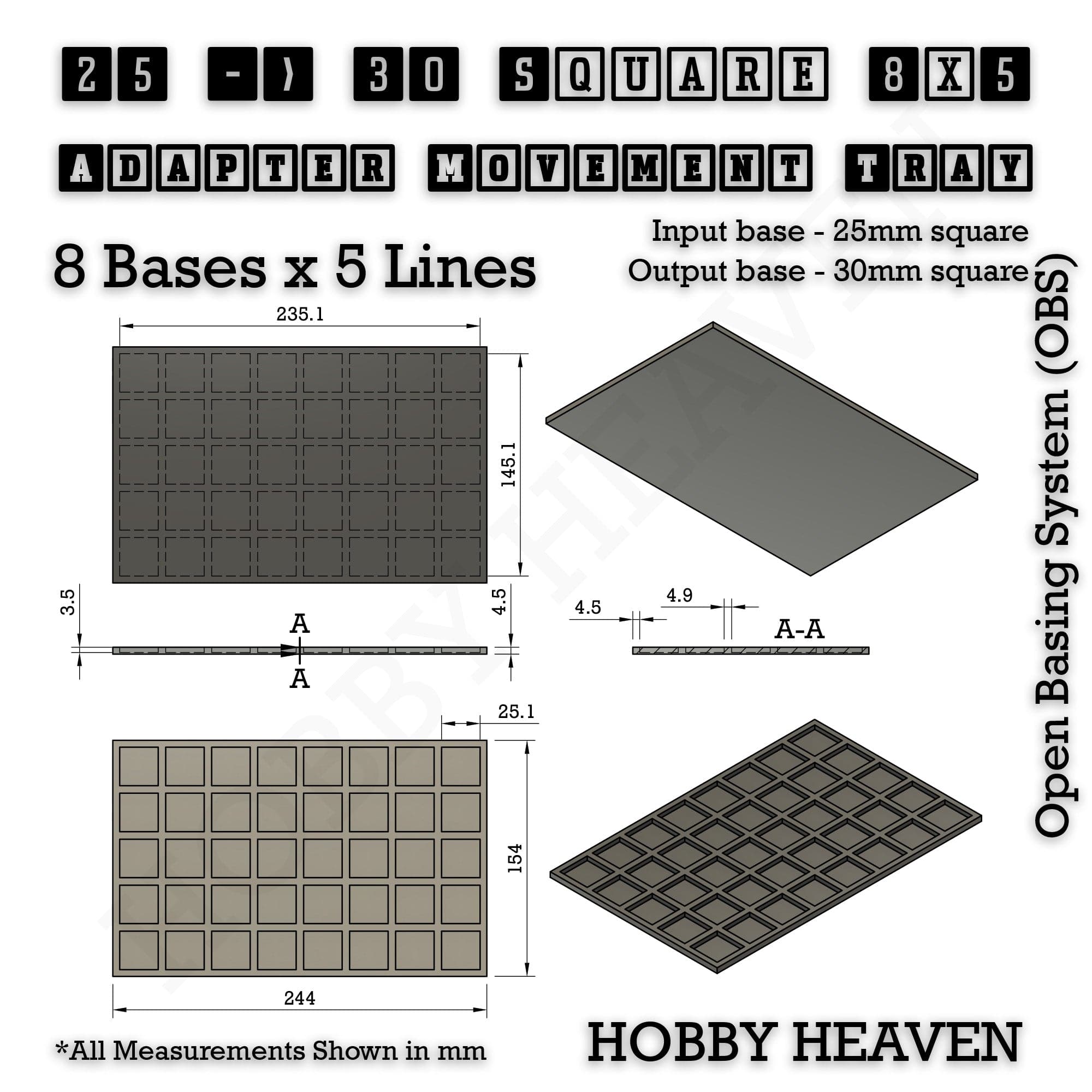 Movement Tray Square and Rectangle Movement Trays Adapters for Tabletop Games