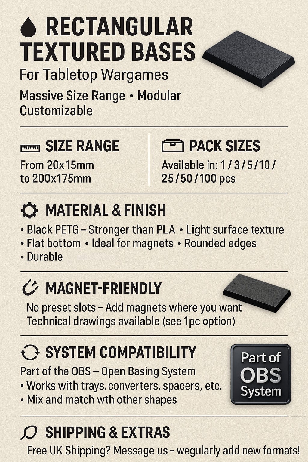 Base Rectangle Bases Range Sizes - 20x15mm to 75x25mm Small Sizes 3d Print Full Range Tabletop Games