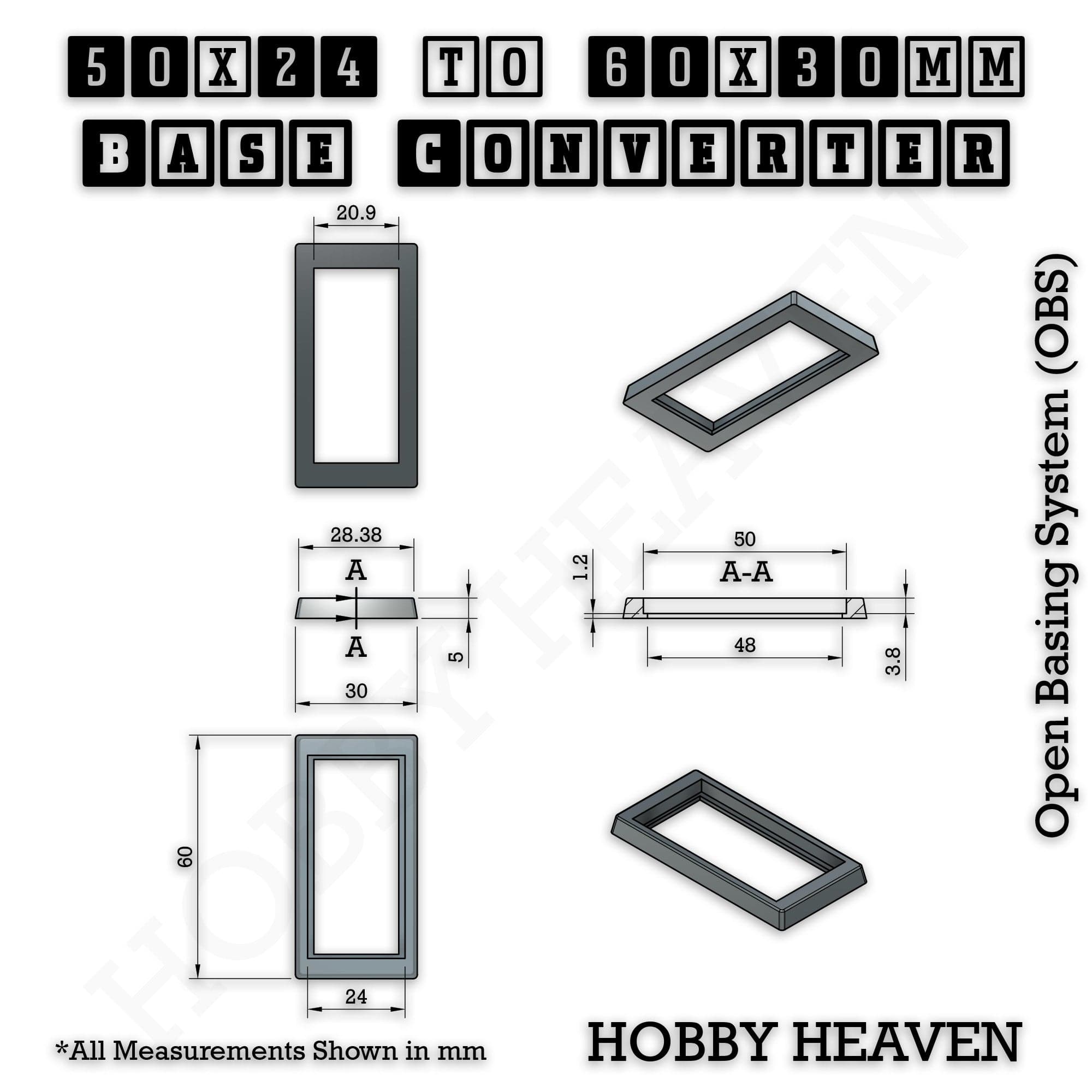 Base 50x24mm to 60x30mm Rectangle Bases Converters ABS Plastic