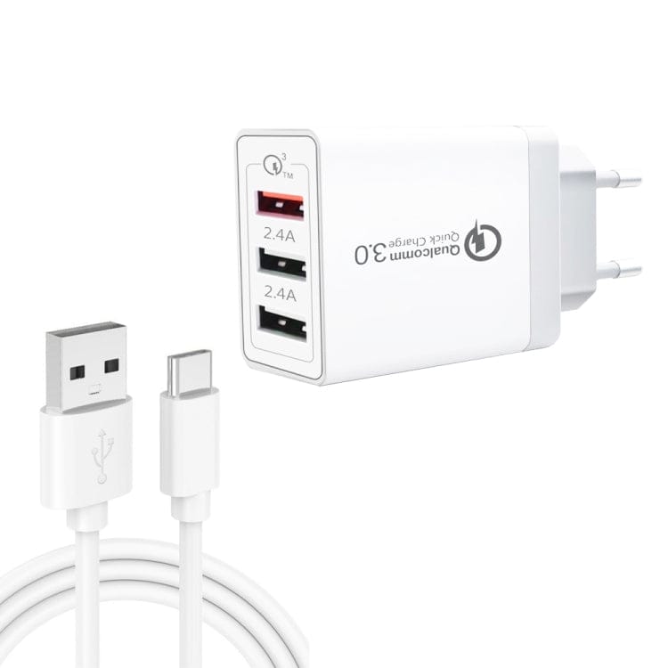 Mobile Accessories with USB-C / Type-C Cable, EU Plug SDC-30W 2 in 1 USB to USB-C / Type-C Data Cable + 30W QC 3.0 USB + 2.4A Dual USB 2.0 Ports Mobile Phone Tablet PC Universal Quick Charger Travel Charger Set, EU Plug, with USB-C / Type-C Cable, EU Plug