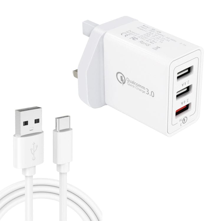 Mobile Accessories with USB-C / Type-C Cable, UK Plug SDC-30W 2 in 1 USB to USB-C / Type-C Data Cable + 30W QC 3.0 USB + 2.4A Dual USB 2.0 Ports Mobile Phone Tablet PC Universal Quick Charger Travel Charger Set, UK Plug, with USB-C / Type-C Cable, UK Plug