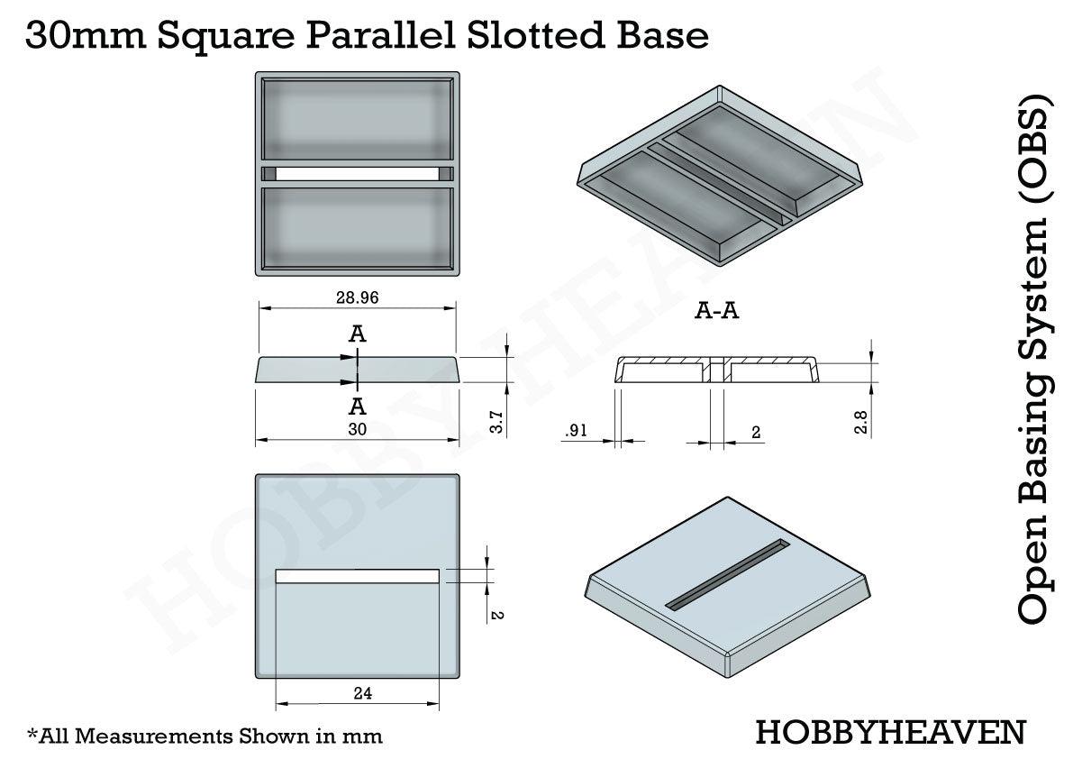 Base 30mm Square Parallel Slotted Plastic Bases