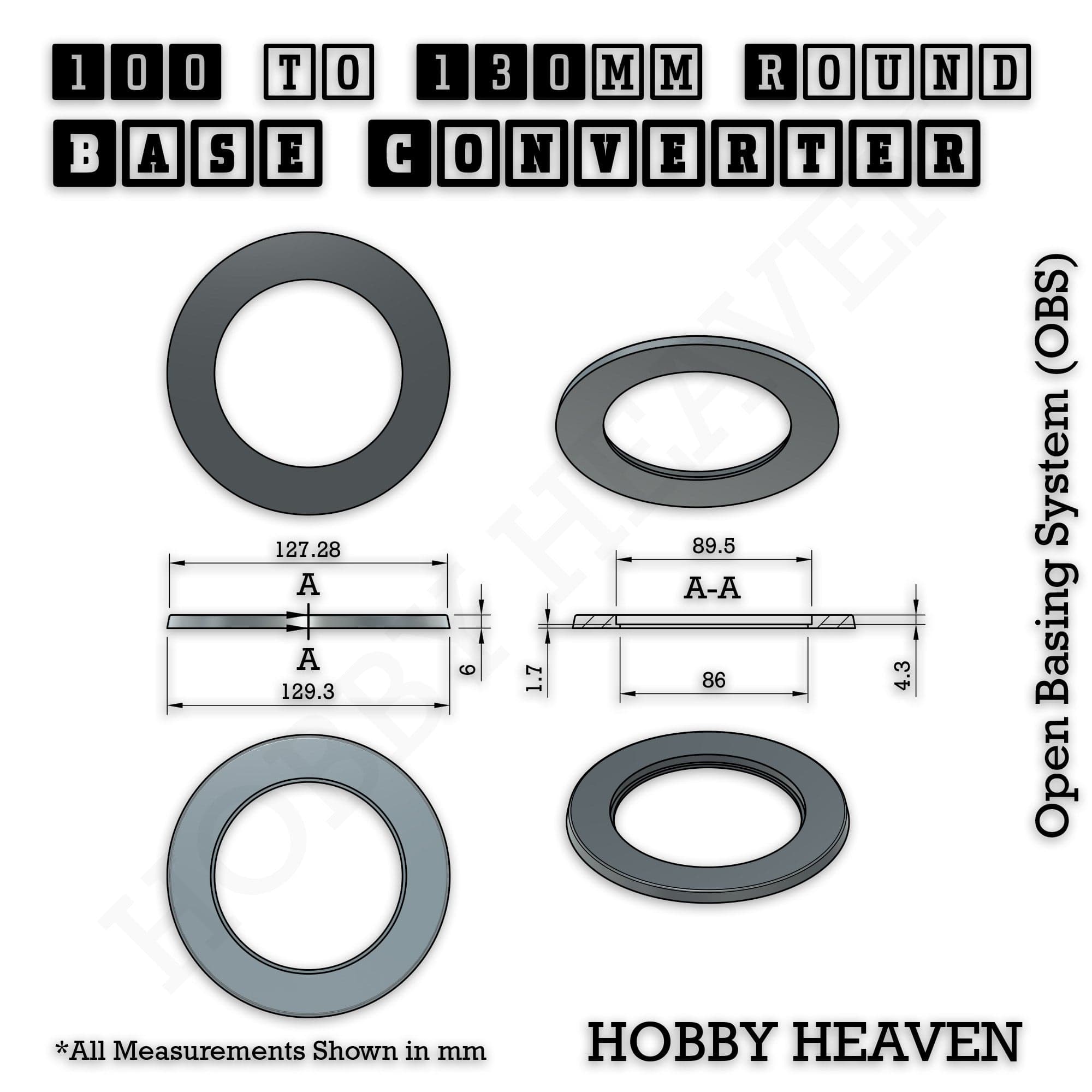 Base 100 to 130mm round bases Converters x1 pcs Round Bases Size Converters Round to Round 3d Print Full Range