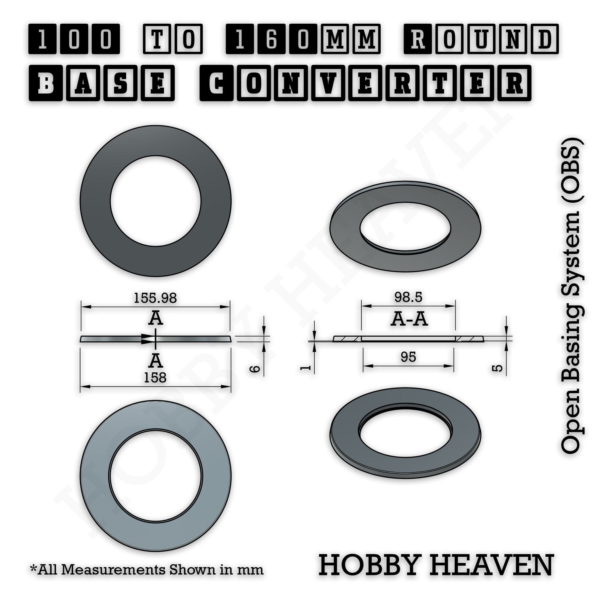 Base 100 to 160mm round bases Converters x1 pcs Round Bases Size Converters Round to Round 3d Print Full Range
