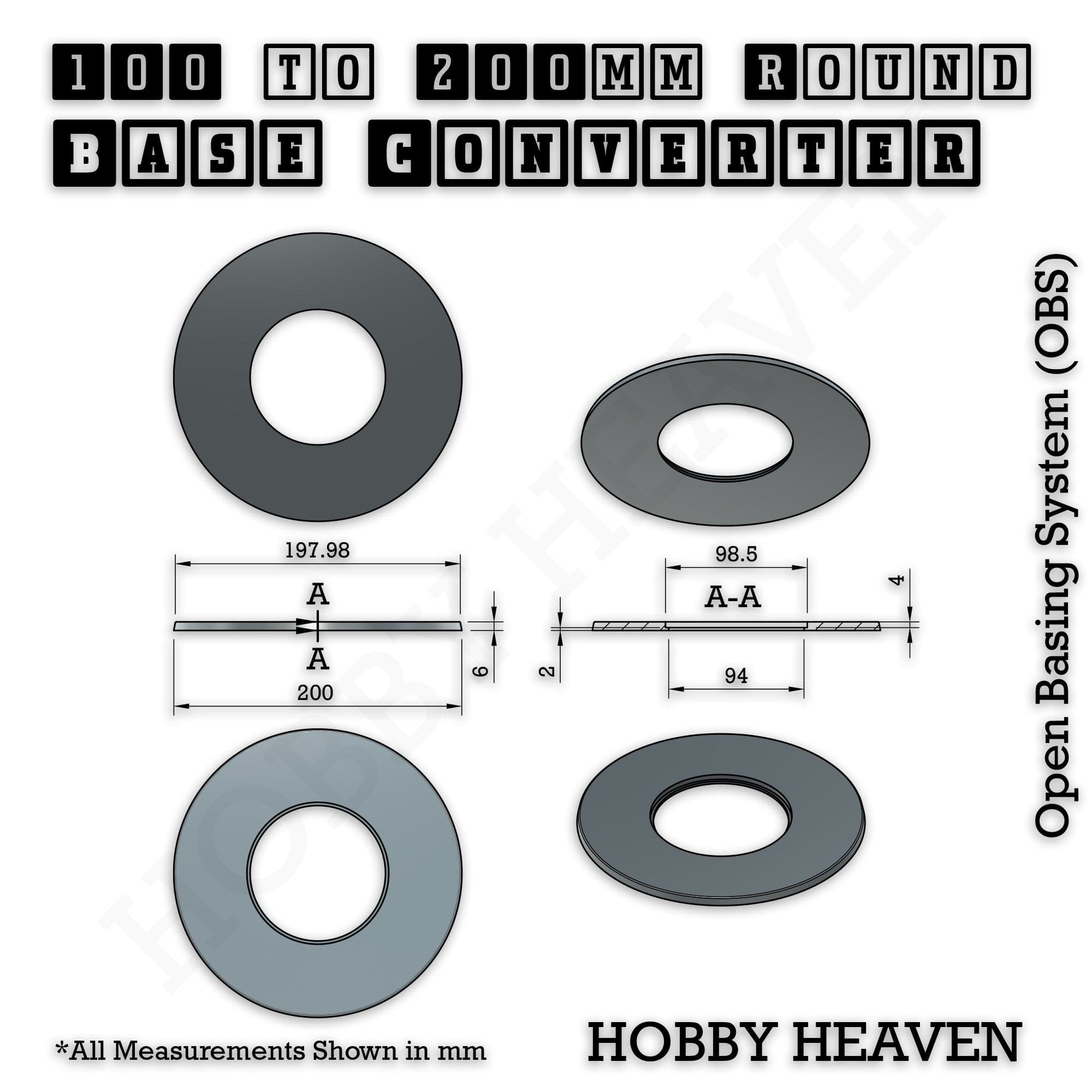Base 100 to 200mm round bases Converters x1 pcs Round Bases Size Converters Round to Round 3d Print Full Range