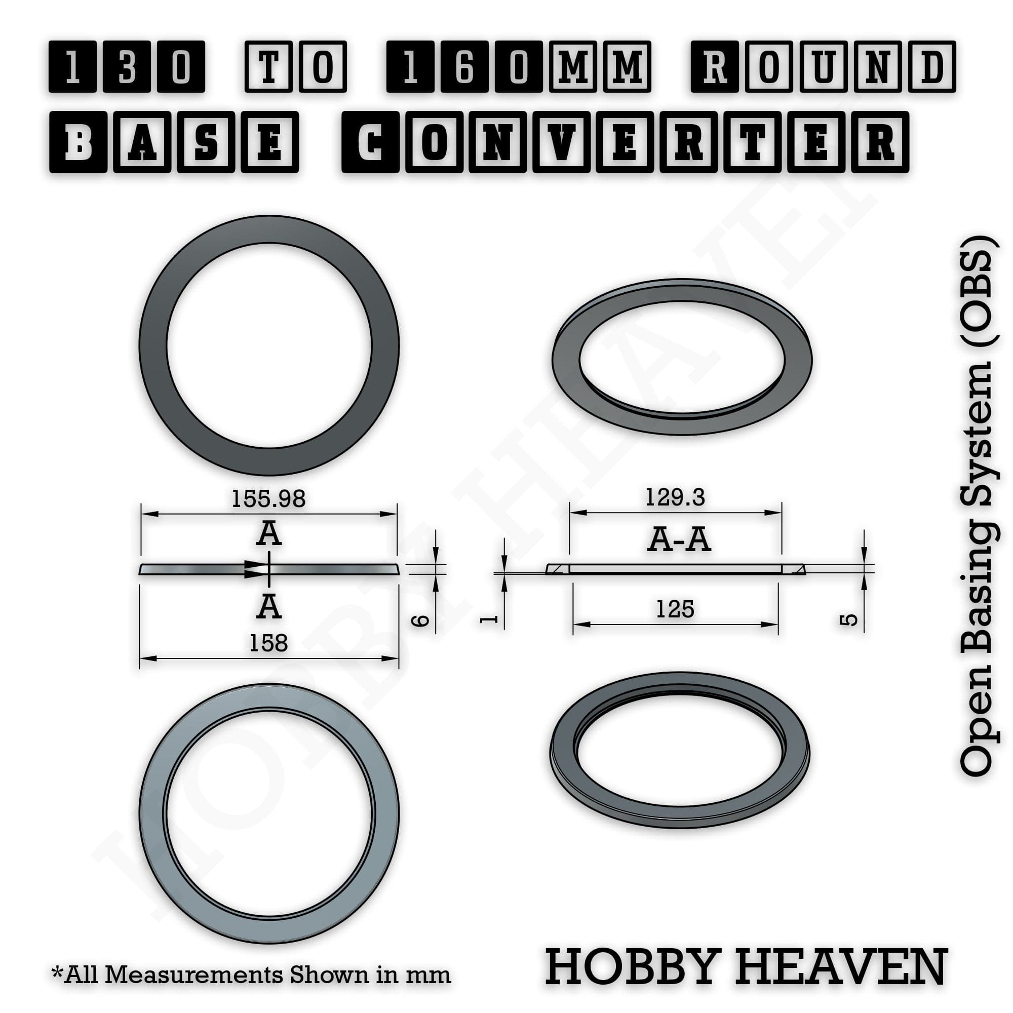 Base 130 to 160mm round bases Converters x1 pcs Round Bases Size Converters Round to Round 3d Print Full Range