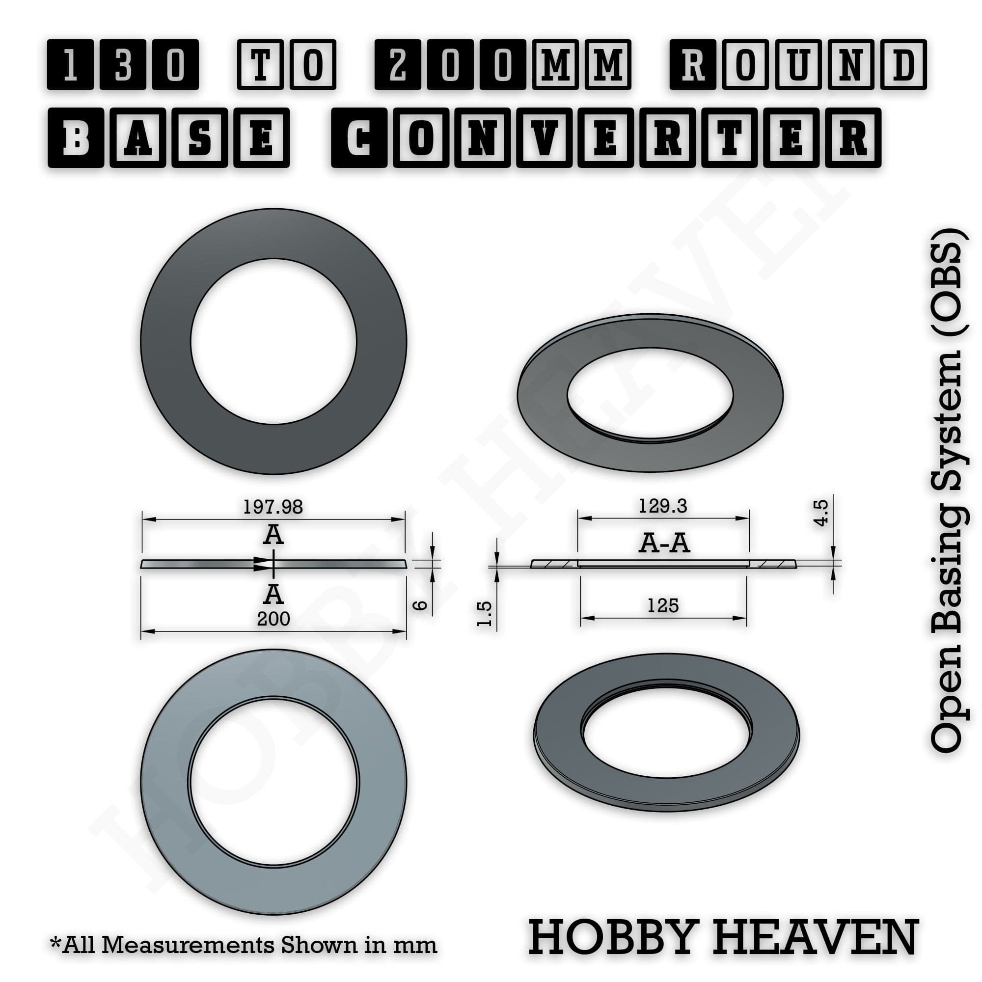 Base 130 to 200mm round bases Converters x1 pcs Round Bases Size Converters Round to Round 3d Print Full Range