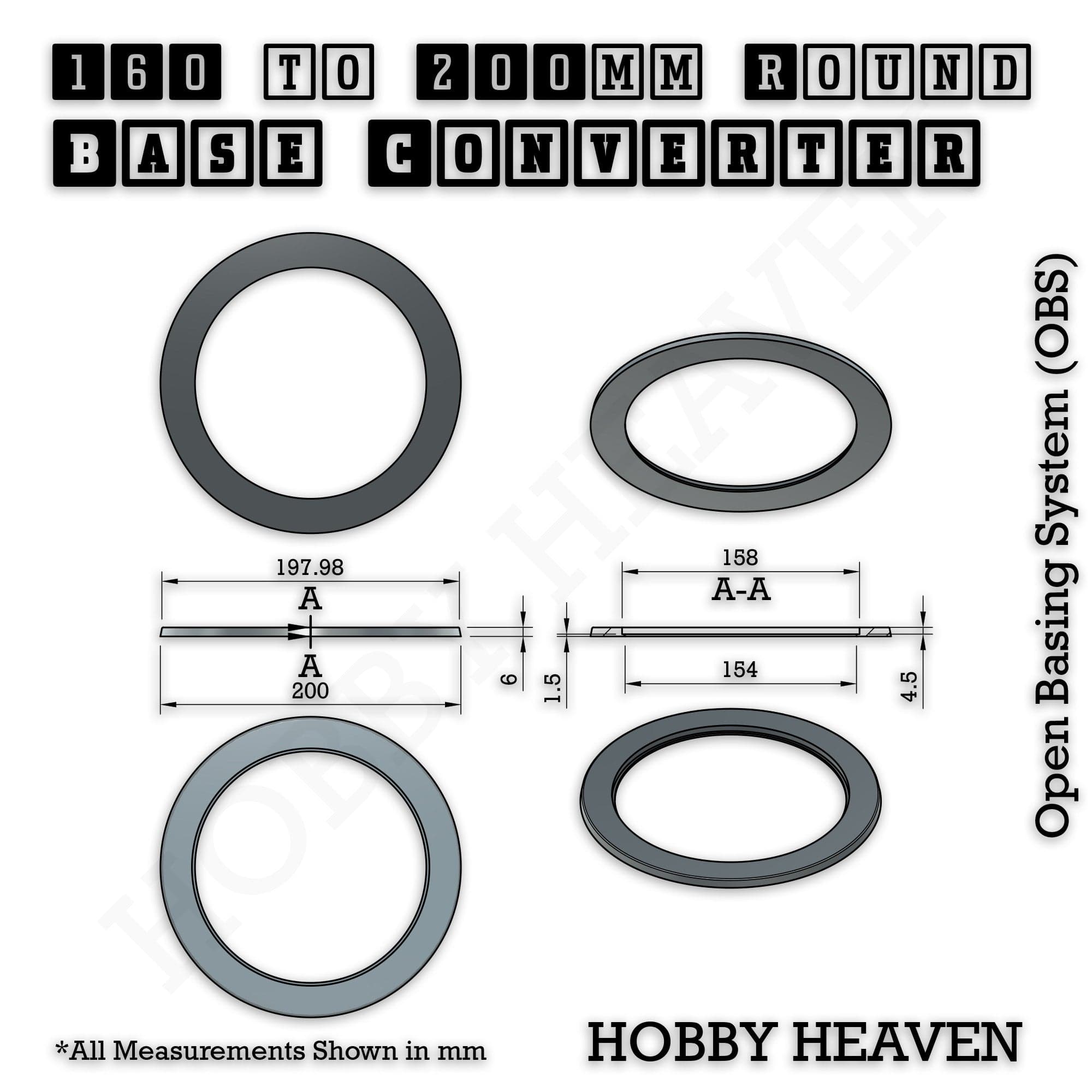 Base 160to 200mm round bases Converters x1 pcs Round Bases Size Converters Round to Round 3d Print Full Range