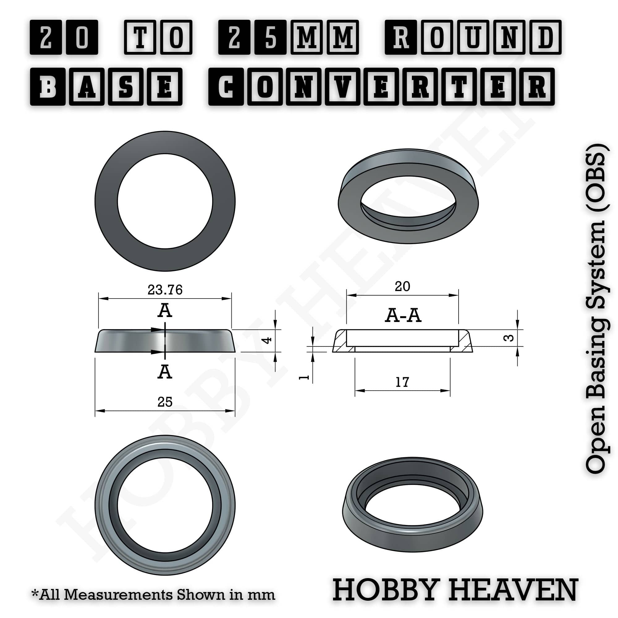 Base 20 to 25mm round bases Converters x1 pcs Round Bases Size Converters Round to Round 3d Print Full Range
