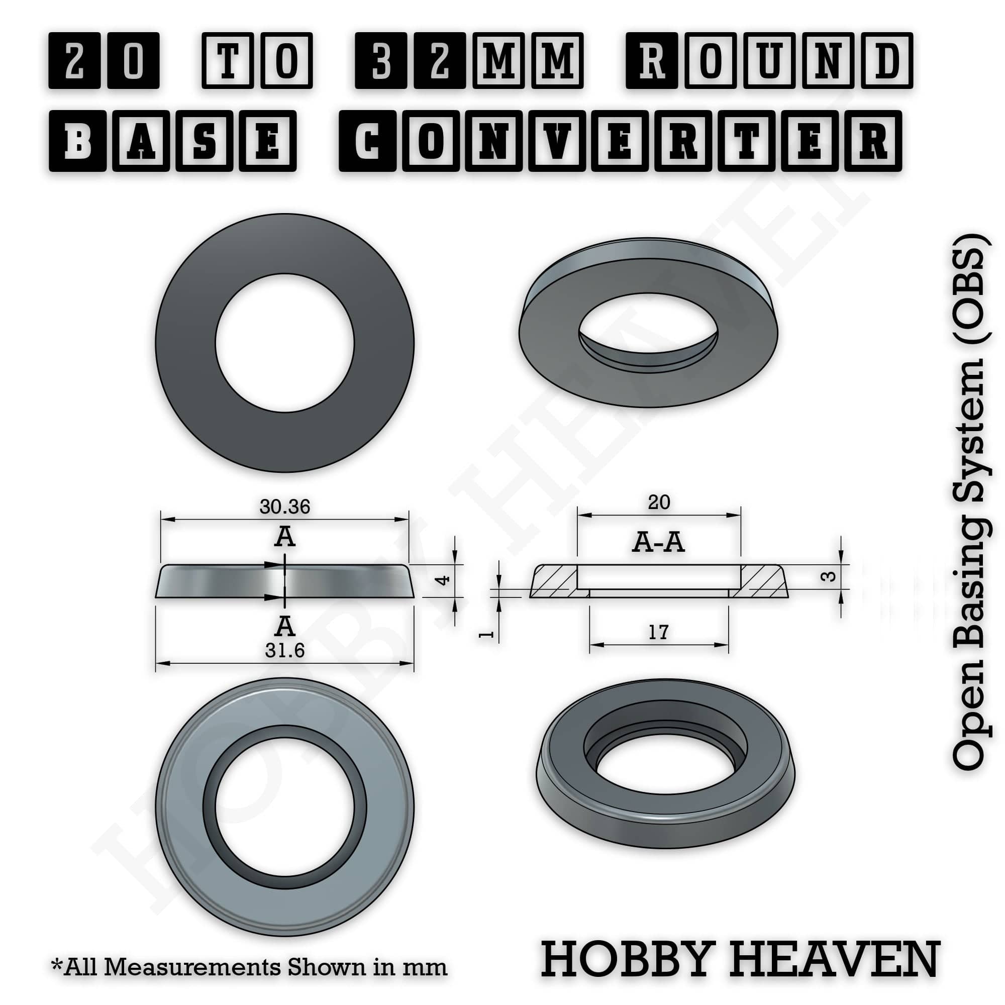 Base 20 to 32mm round bases Converters x1 pc Round Bases Size Converters Round to Round 3d Print Full Range