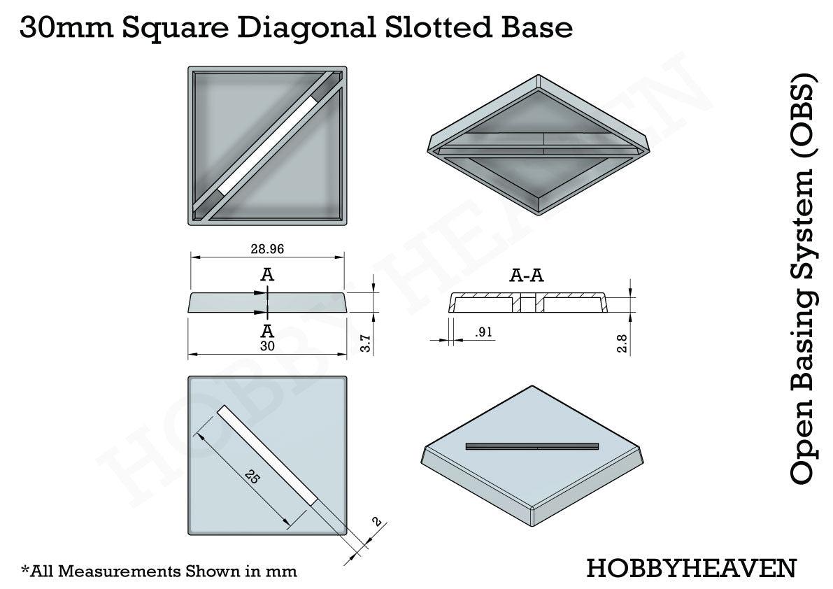 Base 30mm Square Diagonal Slotted Plastic Bases
