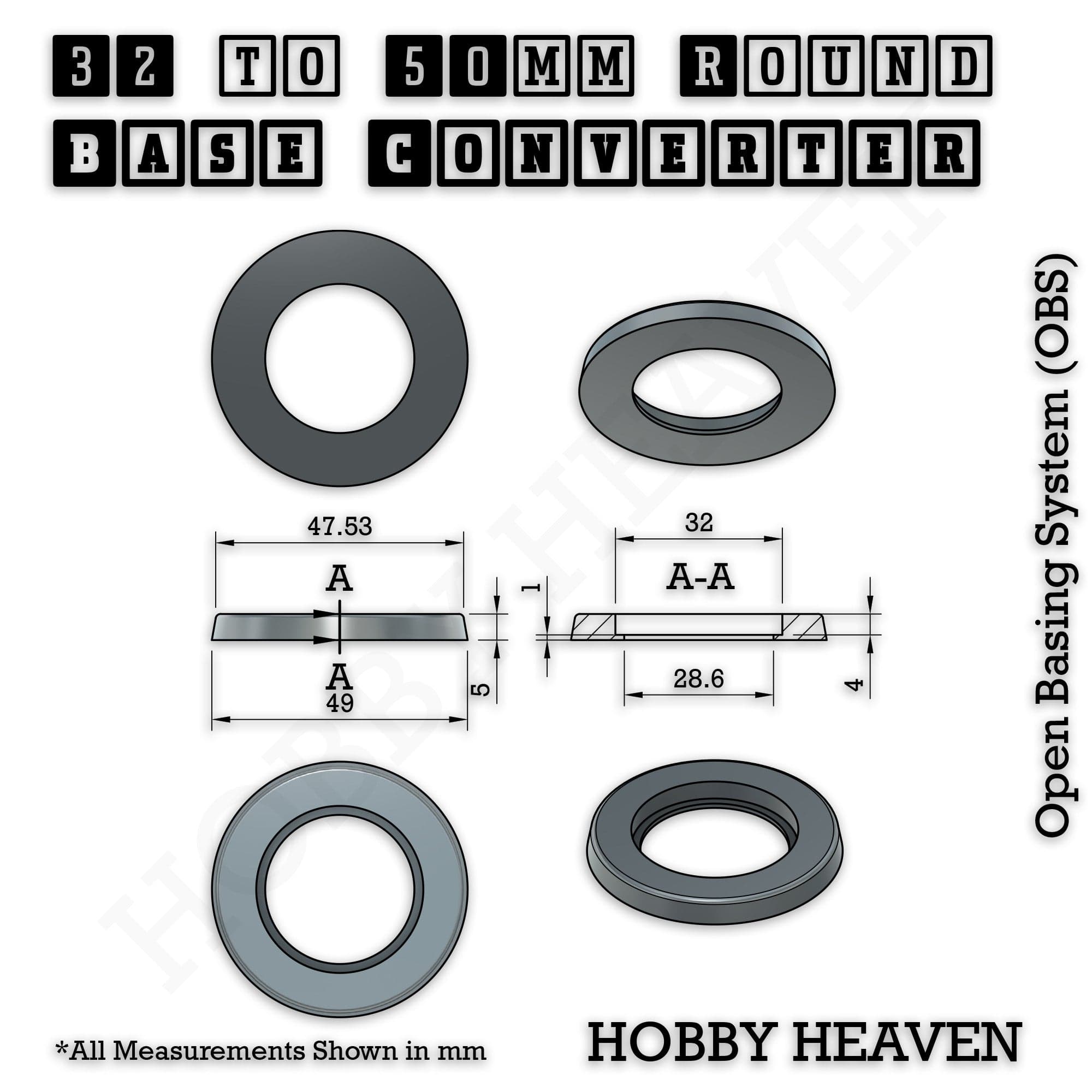 Base 32 to 50mm round bases Converters x1 pcs Round Bases Size Converters Round to Round 3d Print Full Range